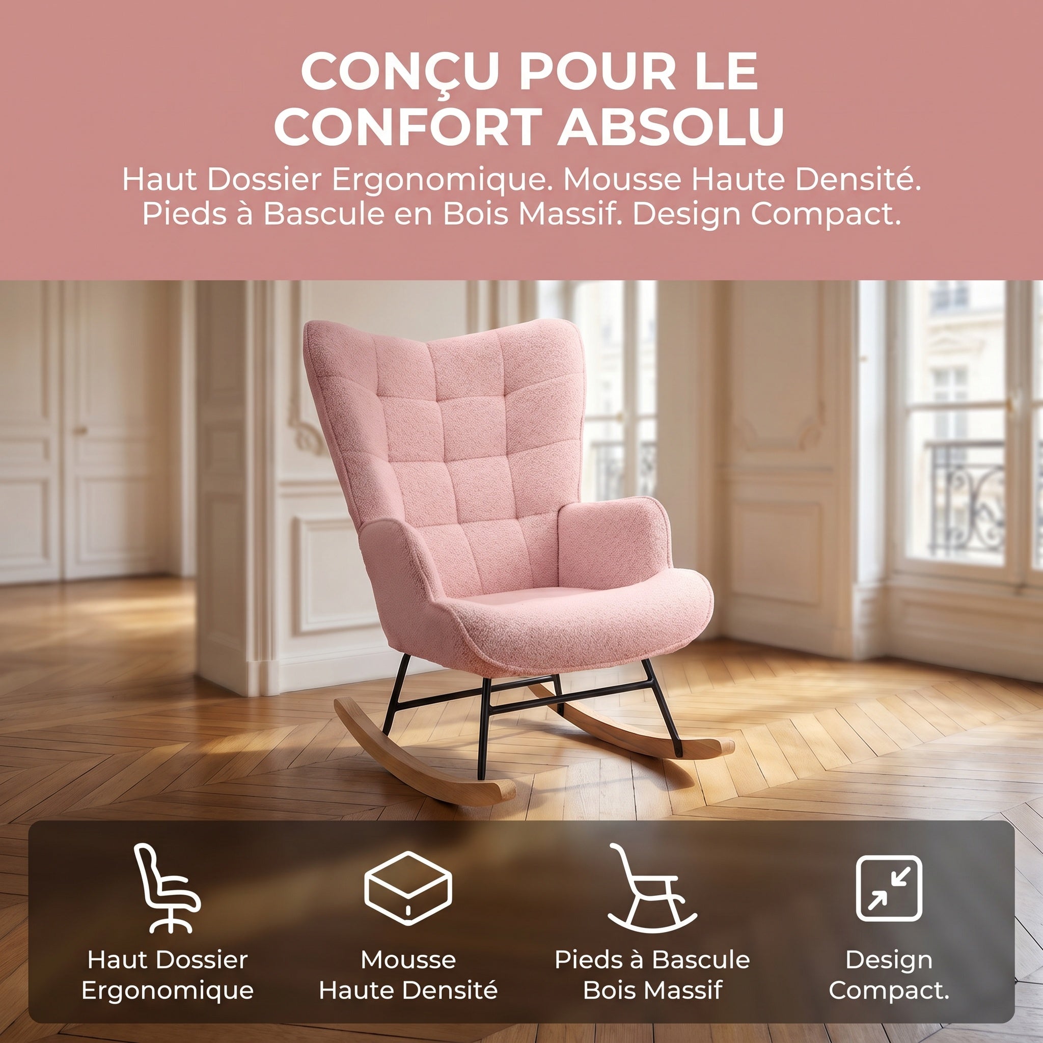 Fauteuil à Bascule, Rocking Chair d'Allaitement - Structure en métal et pieds bois massif, Maximale : 150 kg, Tissu Peluche Teddy, Rose, 75x68x92 cm - 4