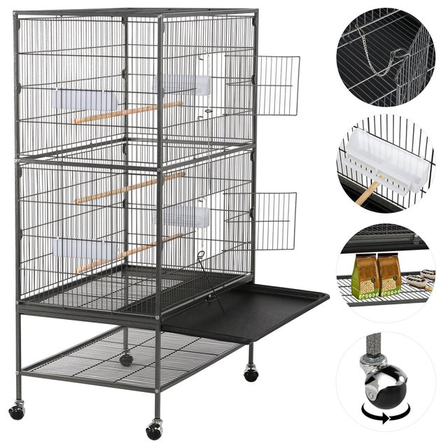 Grande Cage à Oiseaux en Métal avec Support Roulant, Étagère de Rangement et Fond Amovible, Noir Yaheetech