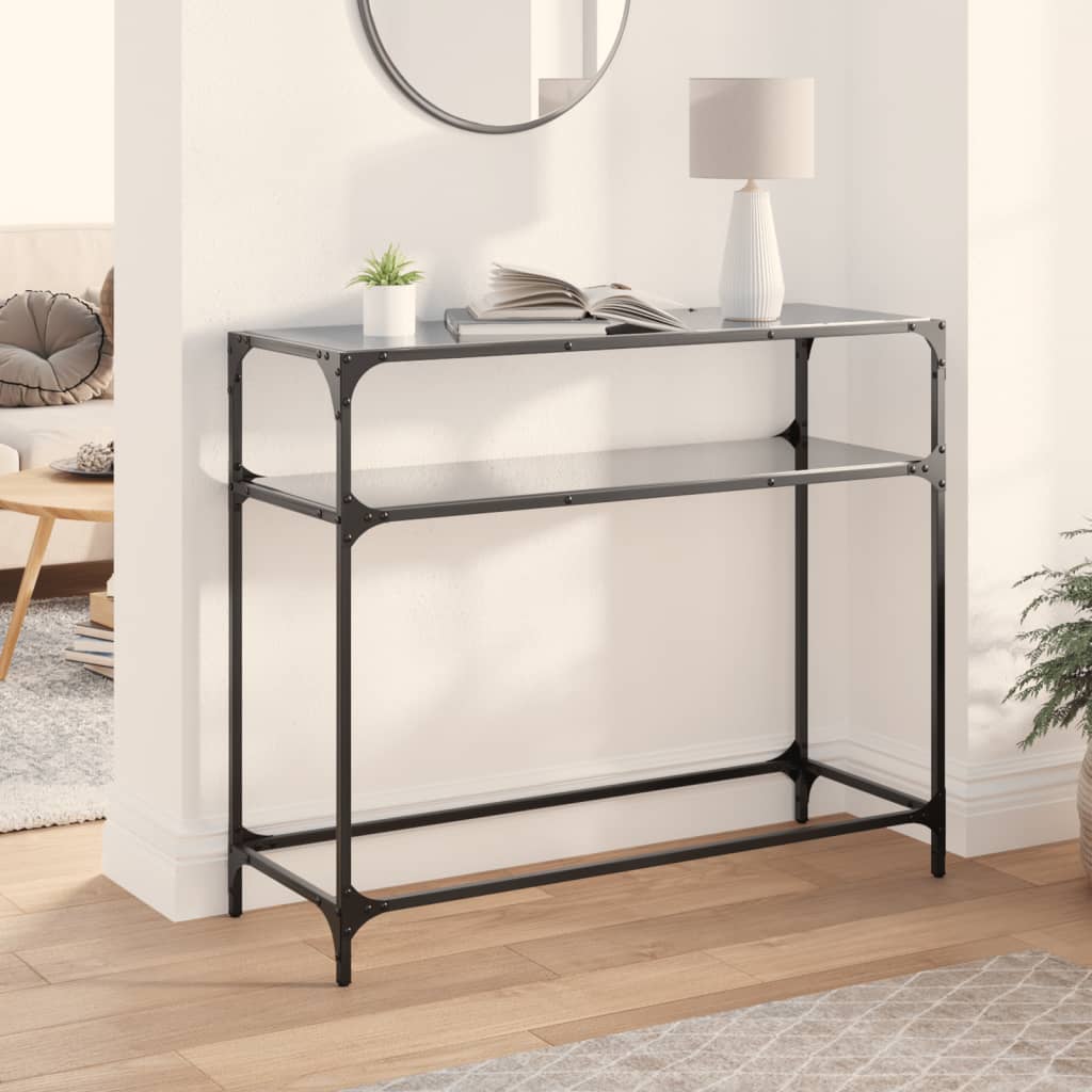 Table console，Table d'appoint，Bout de canapé avec dessus en verre noir 98x35x81 cm acier CFW310778 - 2