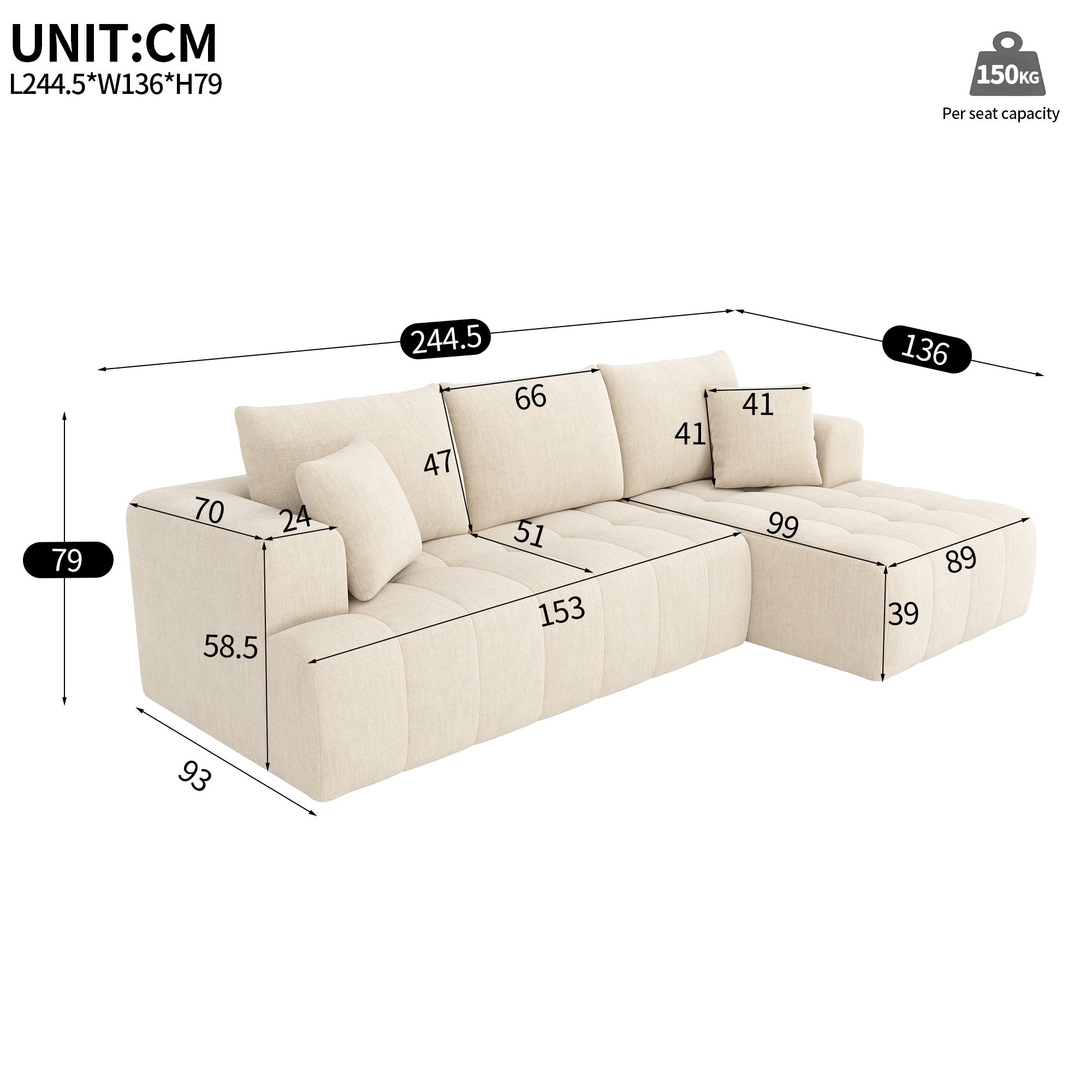 Canapé d'angle modulaire en L 244.5x136x79cm, canapé nuage, tissu chenille confortable, combinable librement,sans montage, Beige - 5