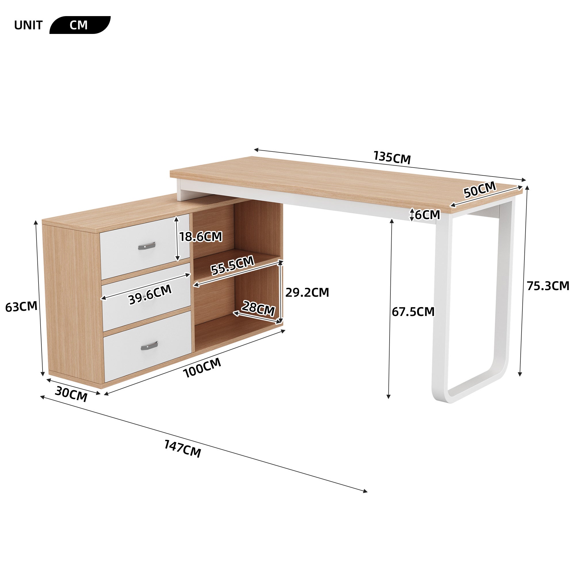 Bureau d'angle avec 3 tiroirs et 2 compartiments de rangement - 147 x 100 x 75.3 cm - MDF et pièds en acier - Naturel - 5
