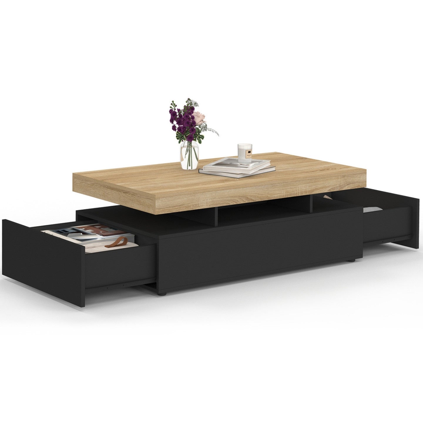 Table basse rectangulaire ELSA 100 cm 2 tiroirs en bois noir et plateau façon hêtre - 4