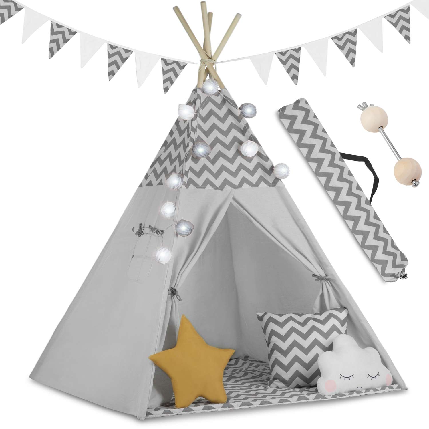 Tipi namiot wigwam dla dzieci TEEPEE girlanda poduszki stabilizator Nukido NK-400 szary