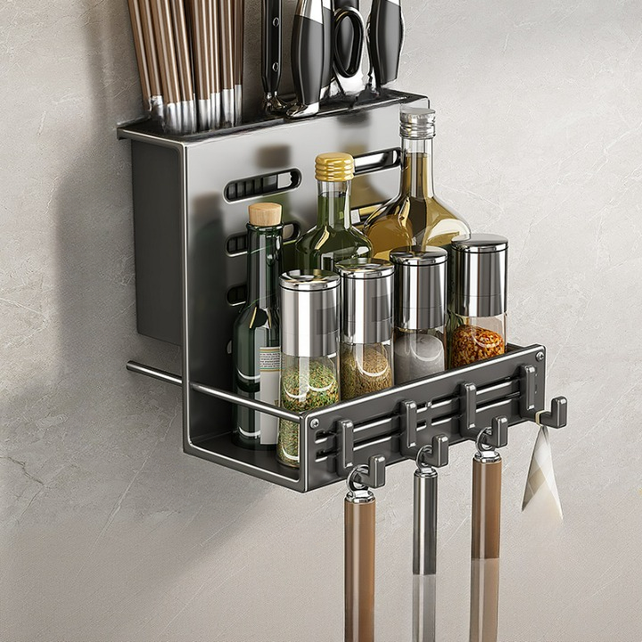 Półka na noże kuchenne, nie wymaga wiercenia, montowana na ścianie, stojak na przyprawy, pałeczki, ciemnoszary, 27,8*10,2*20,4 cm