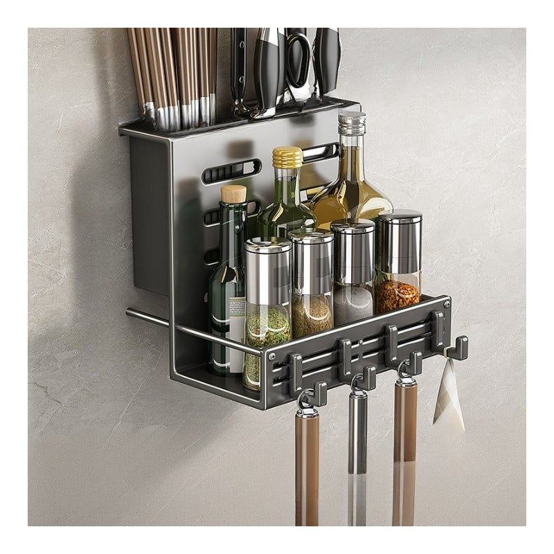 Półka na noże kuchenne, nie wymaga wiercenia, montowana na ścianie, stojak na przyprawy, pałeczki, ciemnoszary, 27,8*10,2*20,4 cm