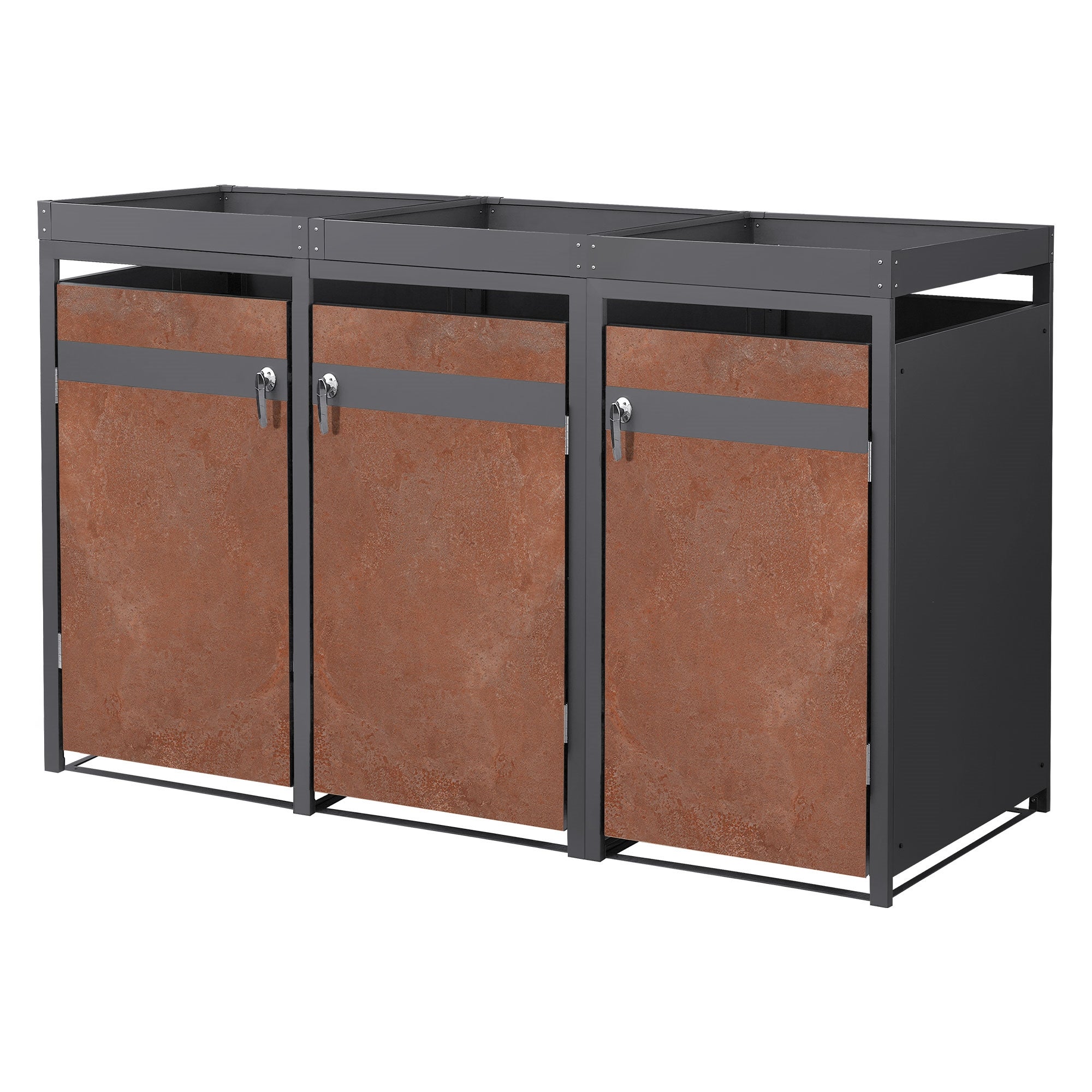 Masca pentru 3 pubele de deseuri ML-Design, de 240L, 200x80x124 cm, magazie pubele, din otel cu acoperis tip jardiniera, antracit efect ruginit