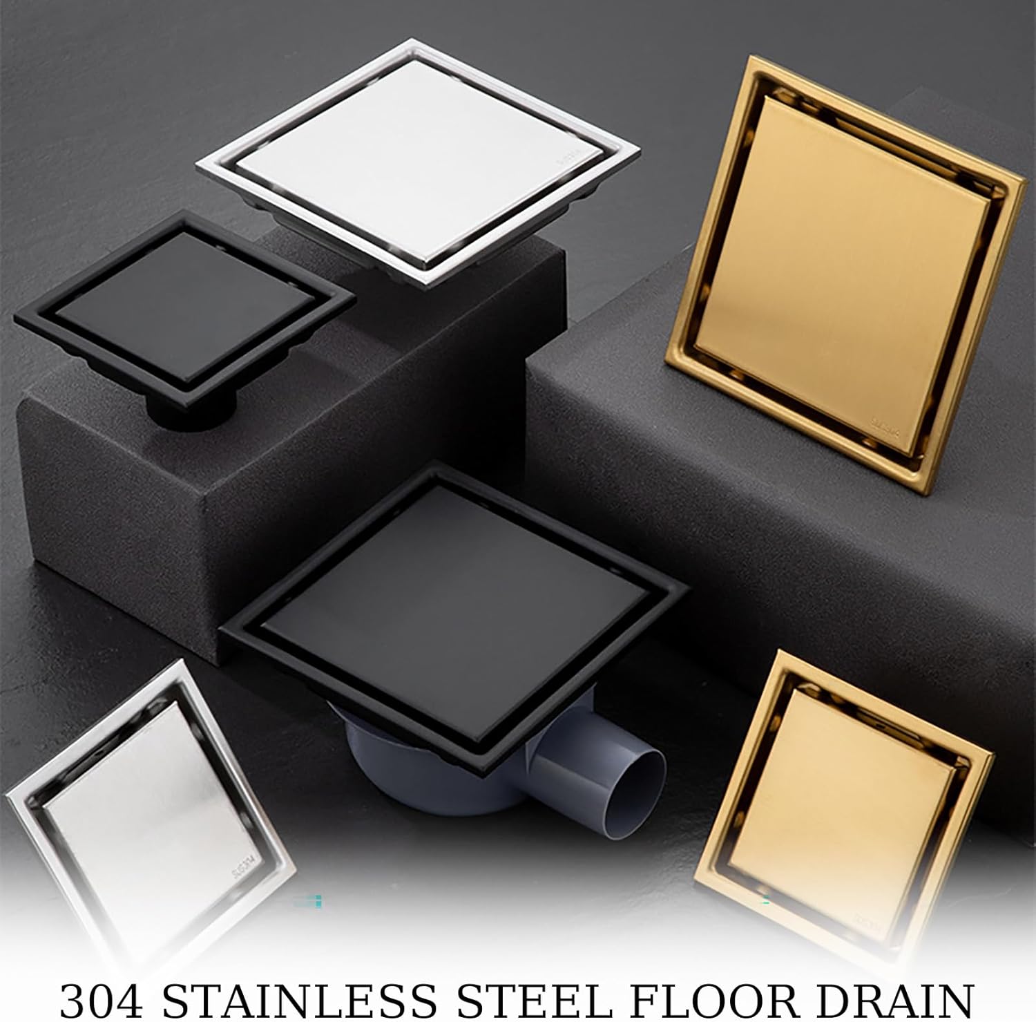 Odpływ prysznicowy kwadratowy - 15 x 15 cm - 360° - Dezodorant, niewidoczny odpływ podłogowy, podwójny filtr, możliwość łączenia z płytkami - czarny - 4