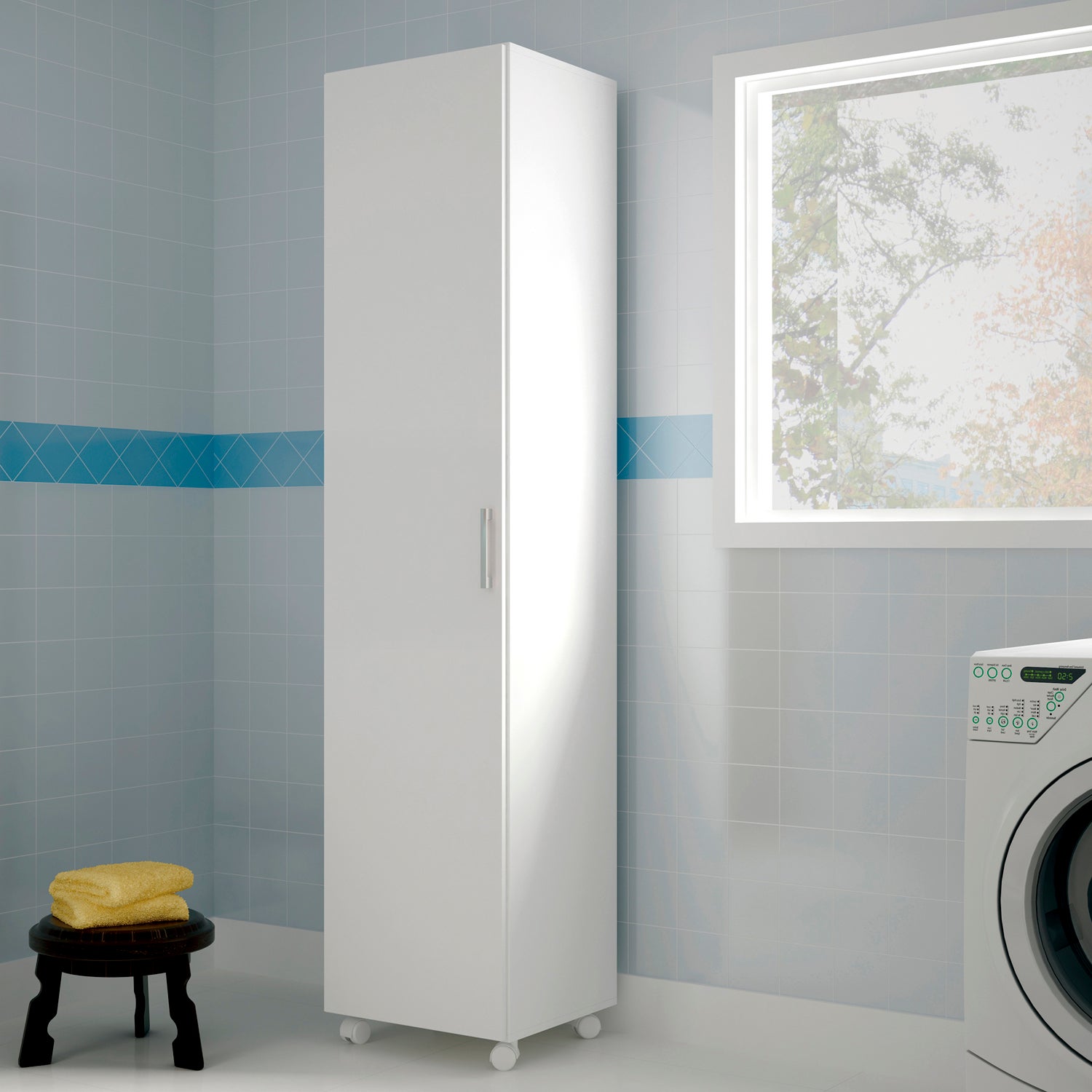 Armoire / placard de rangement avec 1 porte à roulettes coloris blanc - longueur 42 x profondeur 41 x hauteur 183 cm - 2