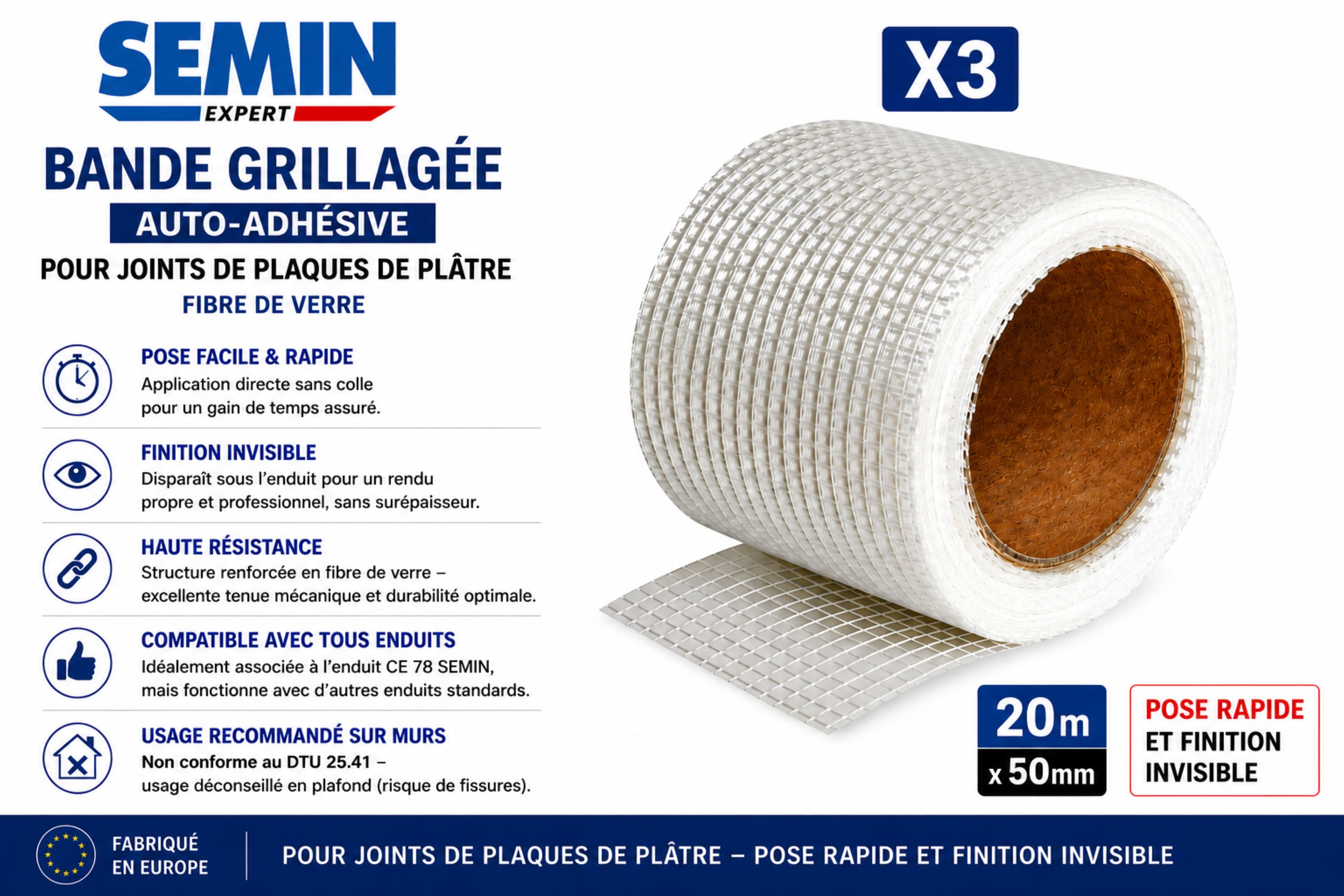 Lot de 3 bandes grillagées adhésives Semin pour réaliser les joints des plaques de plâtre en association avec un enduit - 20 m - 2
