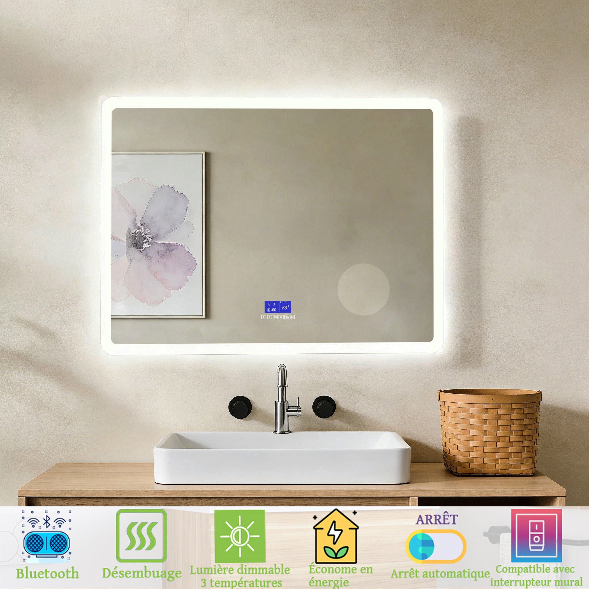 Miroir lumineux de salle de bain 100x60 cm rectangulaire- Éclairage 3 Couleurs, Bluetooth, Anti-Buée, Mémoire, Miroir grossissant ,Horloge - 2