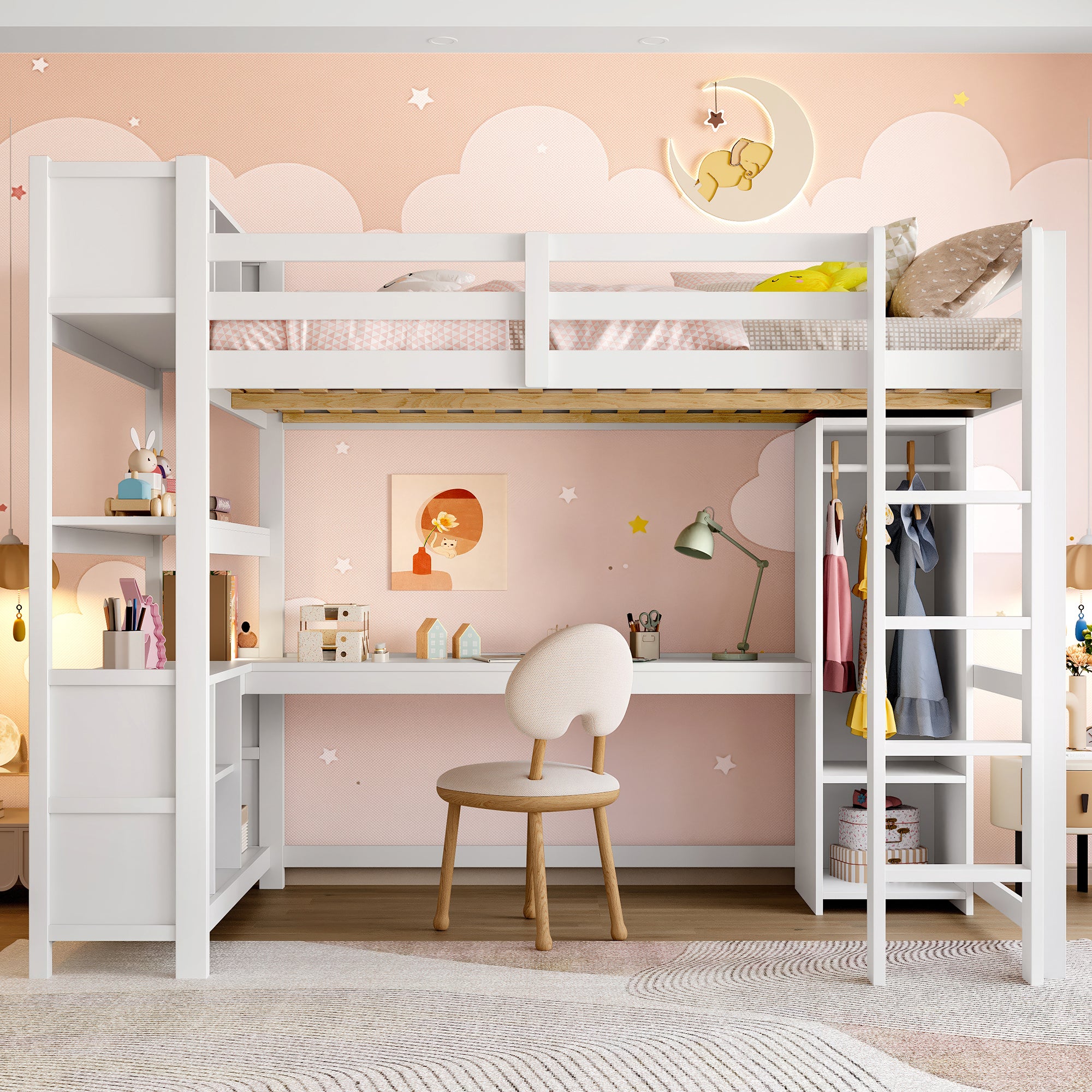 Lit Mezzanine 140x200 cm Combiné avec Bureau, Armoire et Étagères de Rangement, Structure Robuste pour Ados et Adultes, Design Gain de Place - Blanc - 2