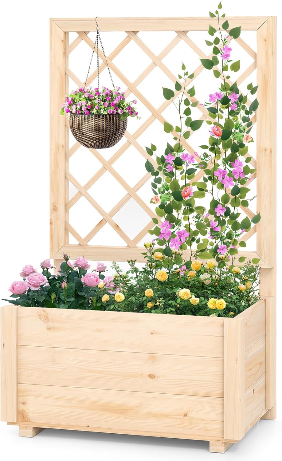 Podwyższona Donica z Kratką, Drewniane Łóżko Ogrodowe z Drewna Jodłowego, Otwór Drenażowy do Pnączy, Kwiatów i Owoców (Naturalne, 58 x 35 x 101 cm)