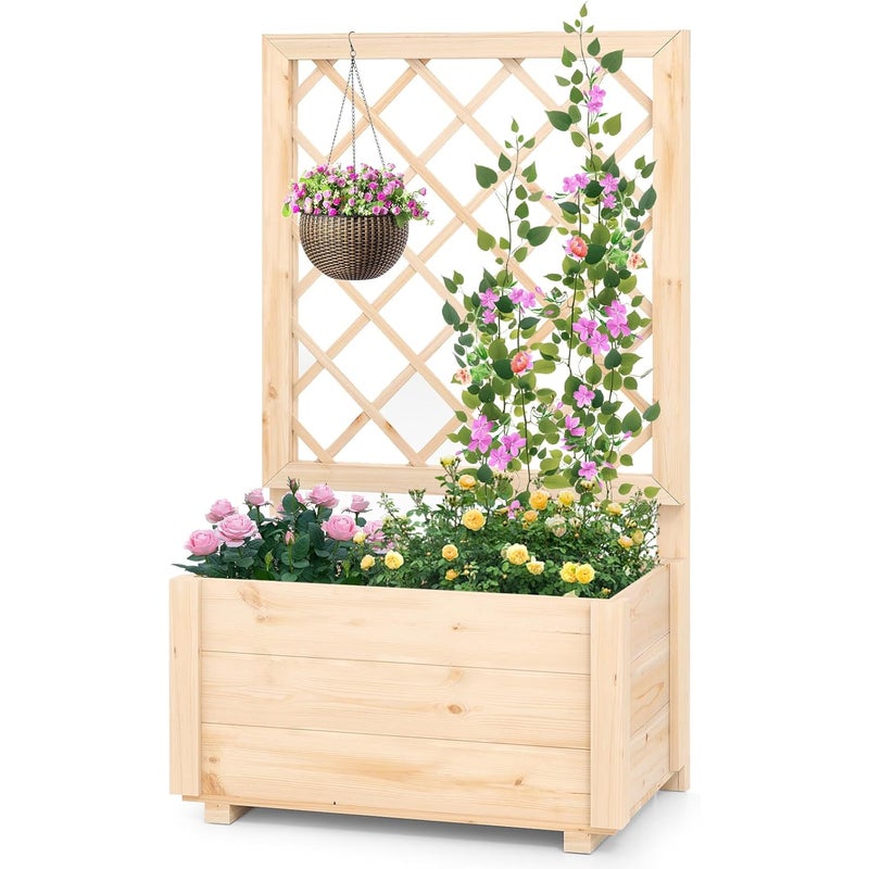 Podwyższona Donica z Kratką, Drewniane Łóżko Ogrodowe z Drewna Jodłowego, Otwór Drenażowy do Pnączy, Kwiatów i Owoców (Naturalne, 58 x 35 x 101 cm)