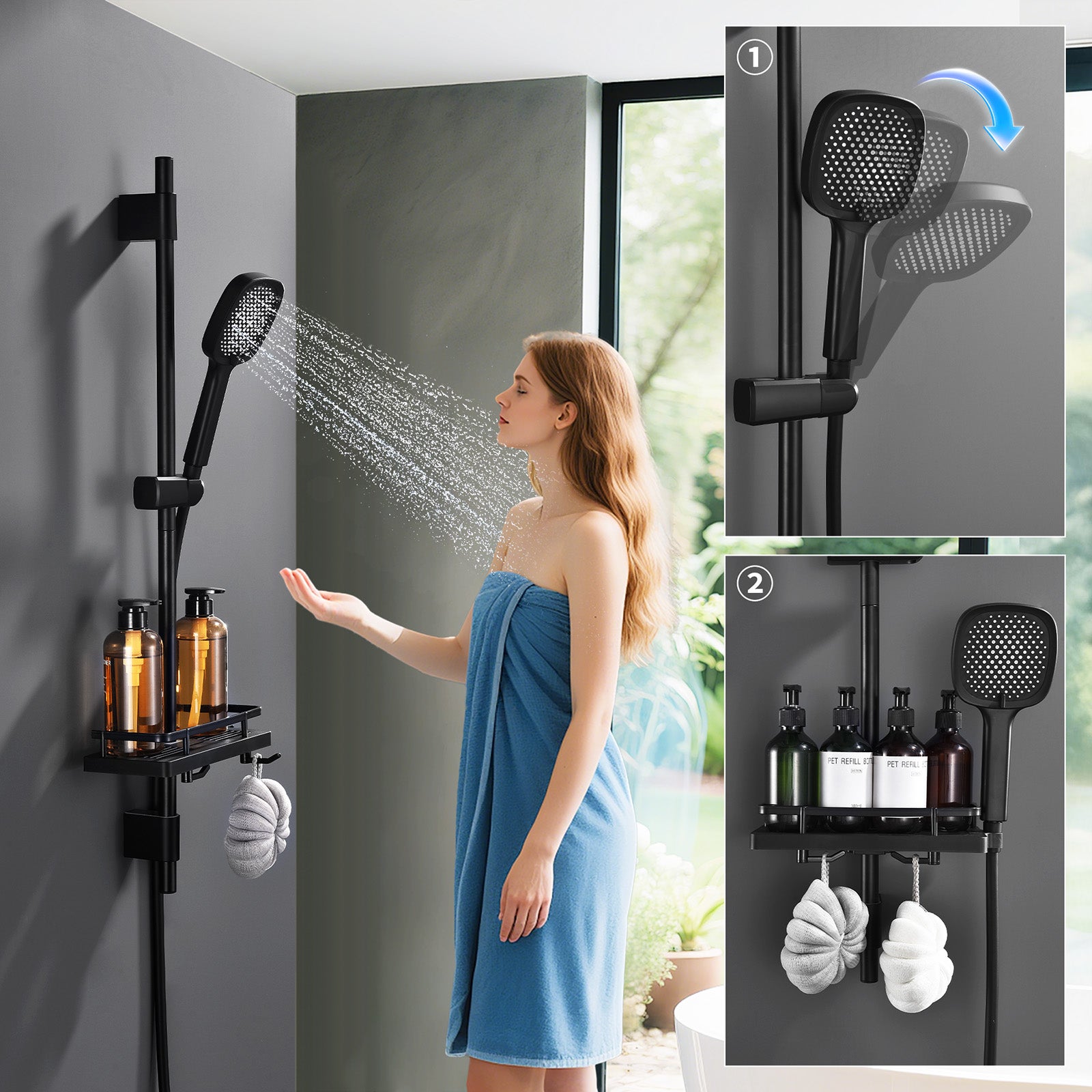 Barre de Douche Noir Réglable 900 mm avec Étagère Coulissante Intégrée, Support Ajustable Sans Perçage Supplémentaire, en Acier Inoxydable - 9