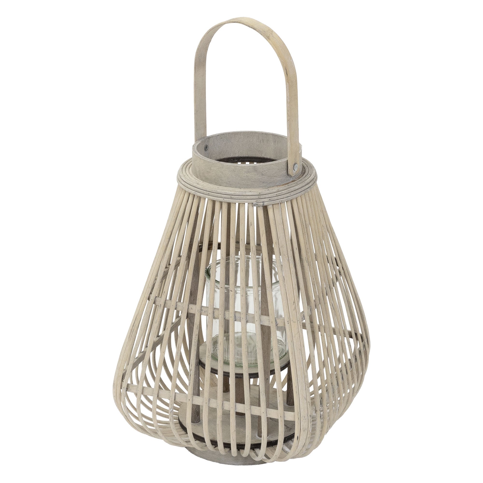 ECD Germany Lampion dekoracyjny latarnia bambusowa 50 cm, stylowa ozdoba boho z uchwytem i szklanym wkladem do ogrodu i wnetrz w kolorze naturalnym