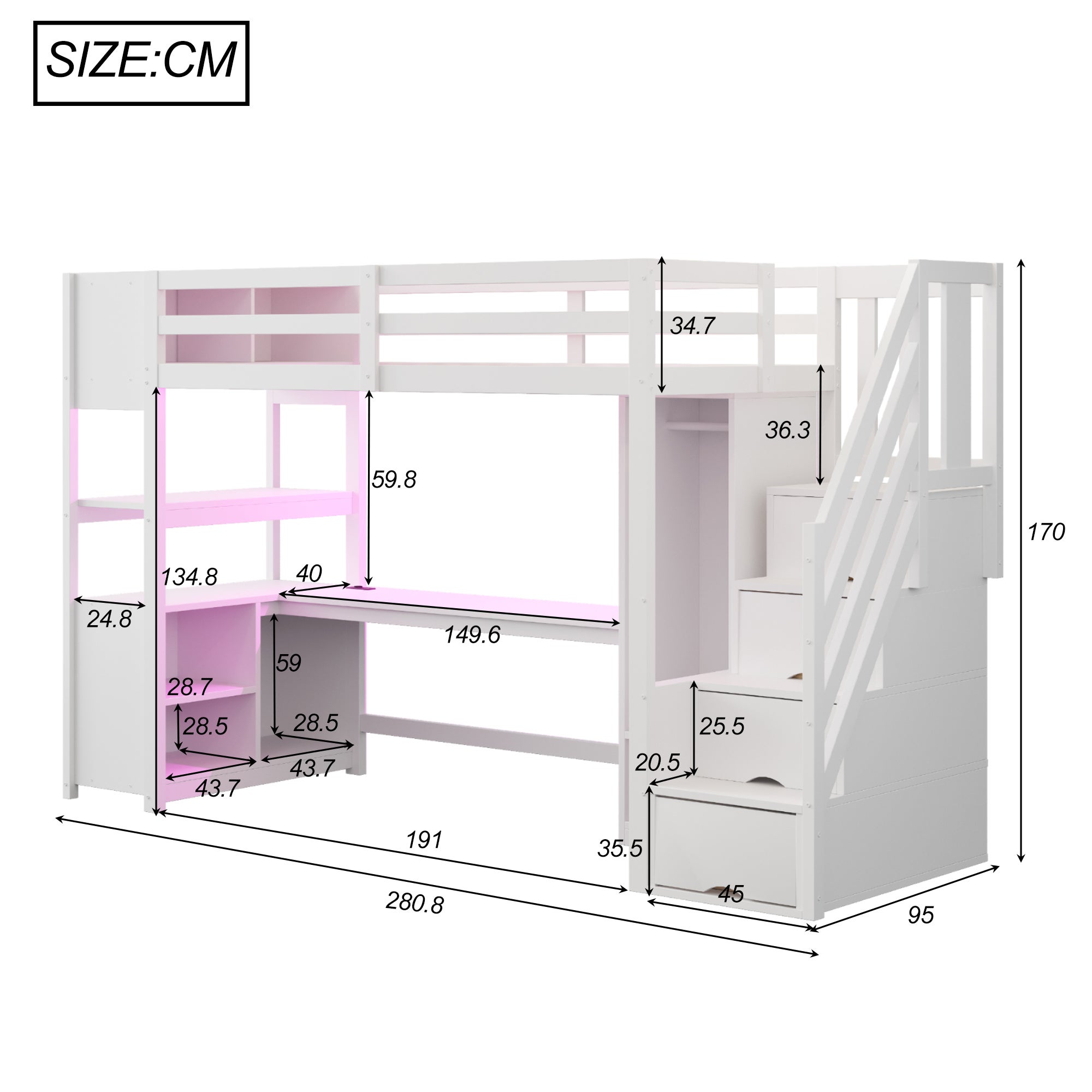 Lit mezzanine en bois 90x200cm avec bureau et éclairage LED, lit superposé enfant avec penderie, escalier rangement, Prises EU, naturel (sans matelas) - 4