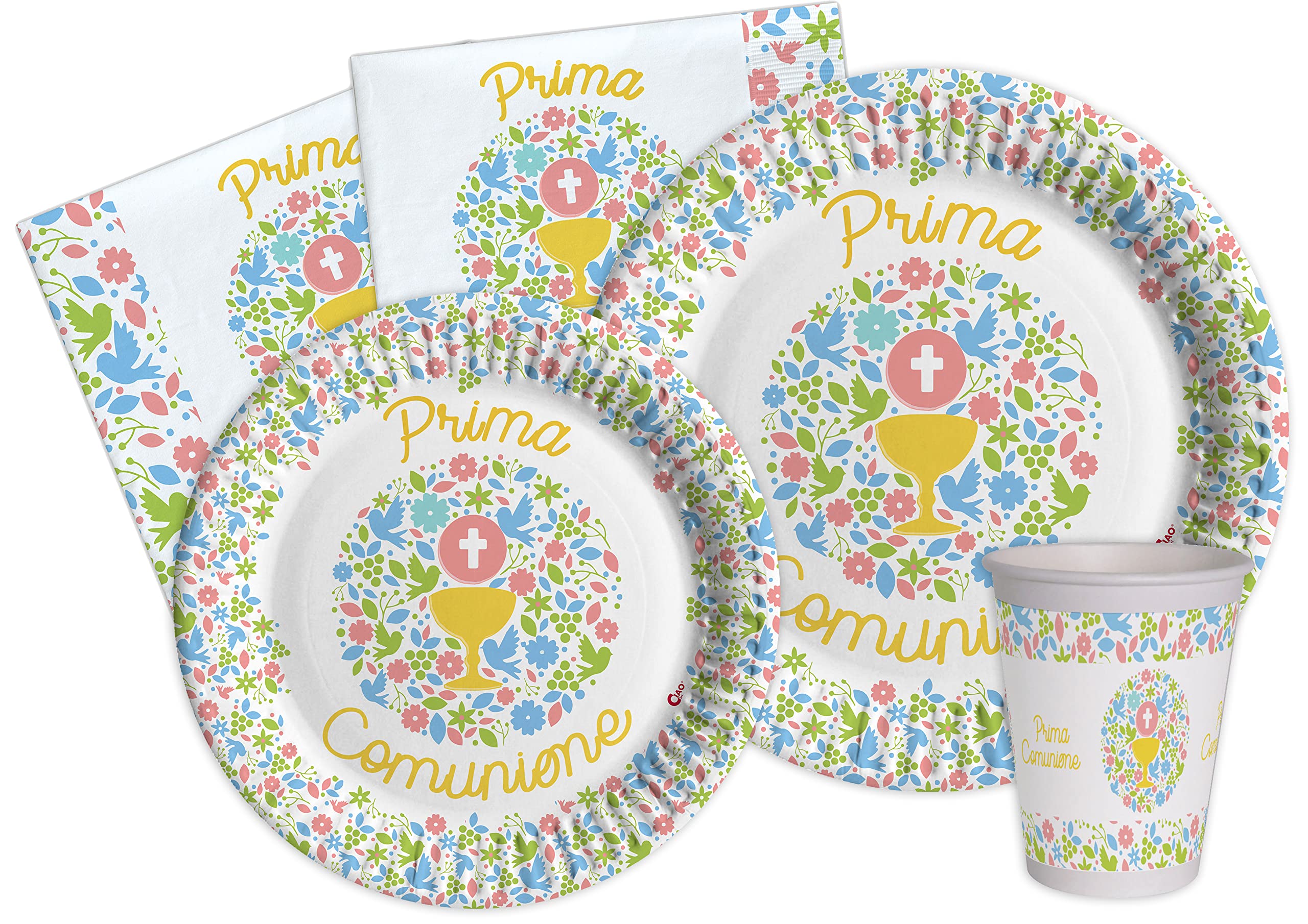 Kit Party Tavola Prima Comunione per 8 persone (44 pezzi: 8 piatti 23cm, 8 piatti 18cm, 8 bicchieri 200ml, 20 tovaglioli 33x33cm) in carta compost | Leroy Merlin