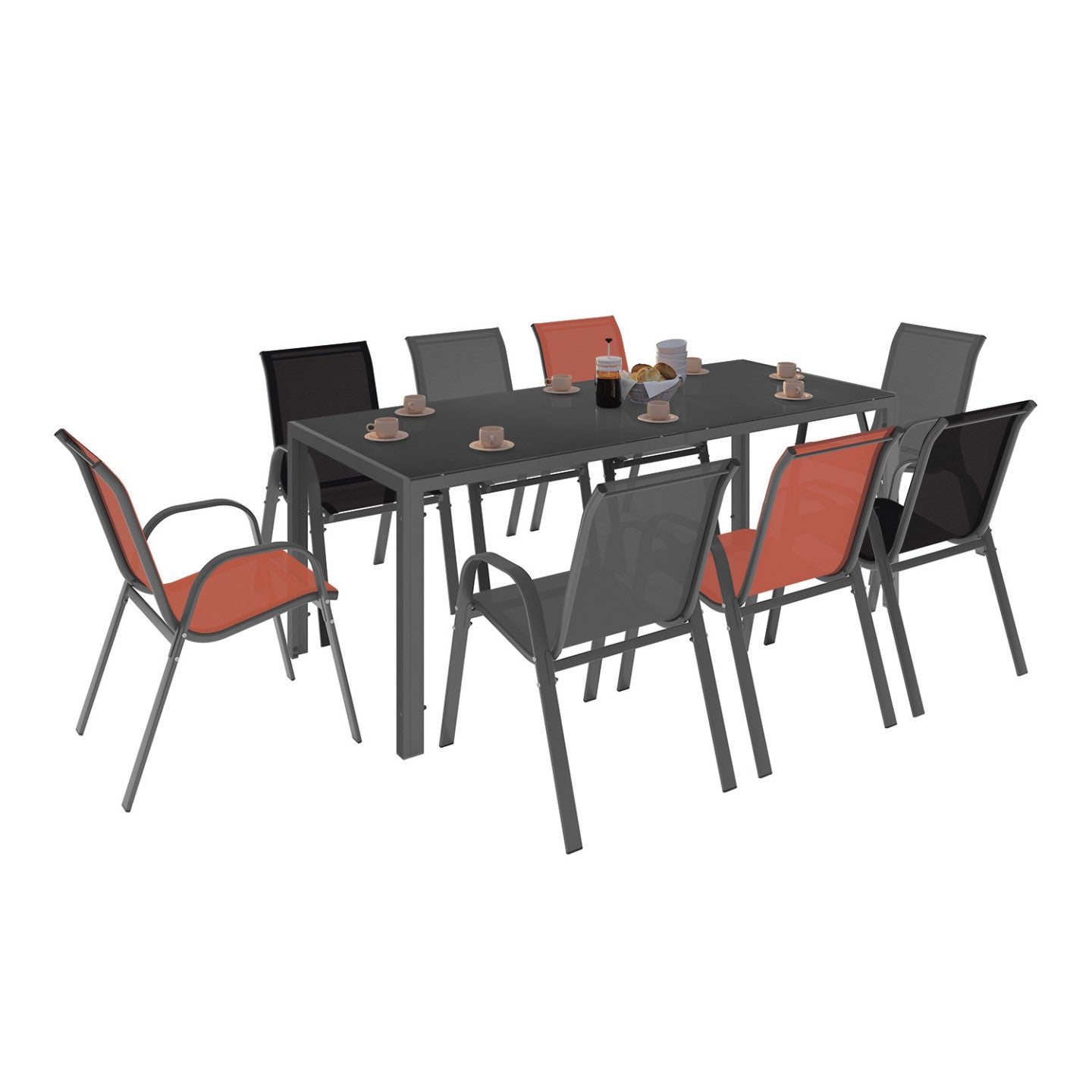 Salon de jardin MADRID table 190 cm et 8 chaises empilables mix color gris, noir et terracotta - 2