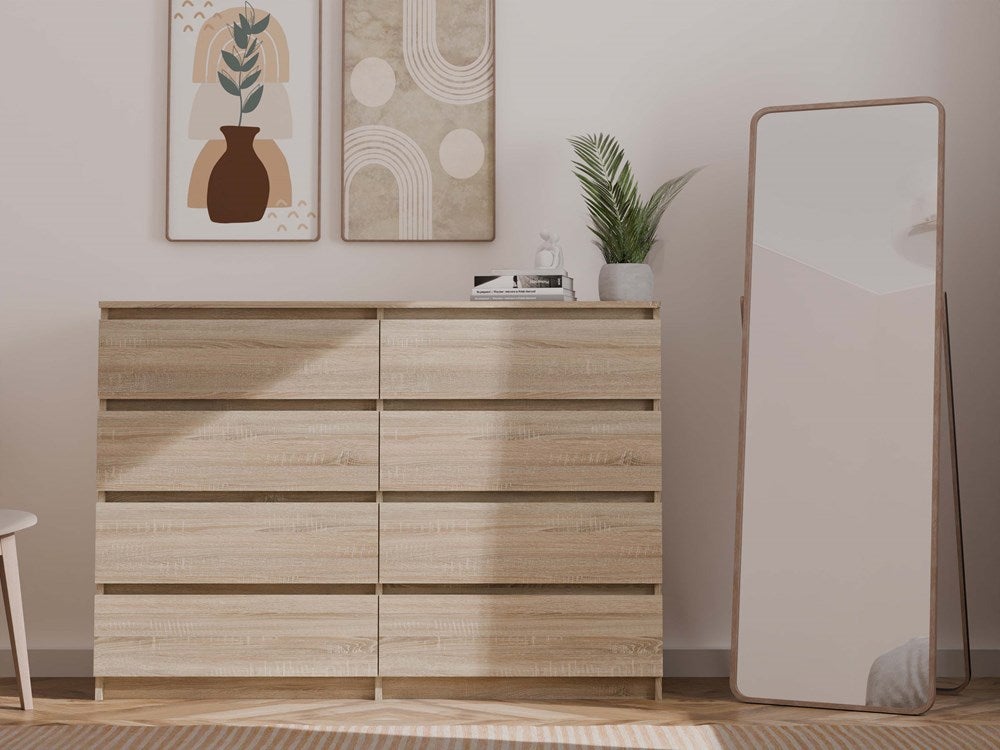 MILAN - Commode large 8 tiroirs chambre salon - 97x138x40 - Design minimaliste - Meuble de rangement - Aspect bois - sonoma - 8