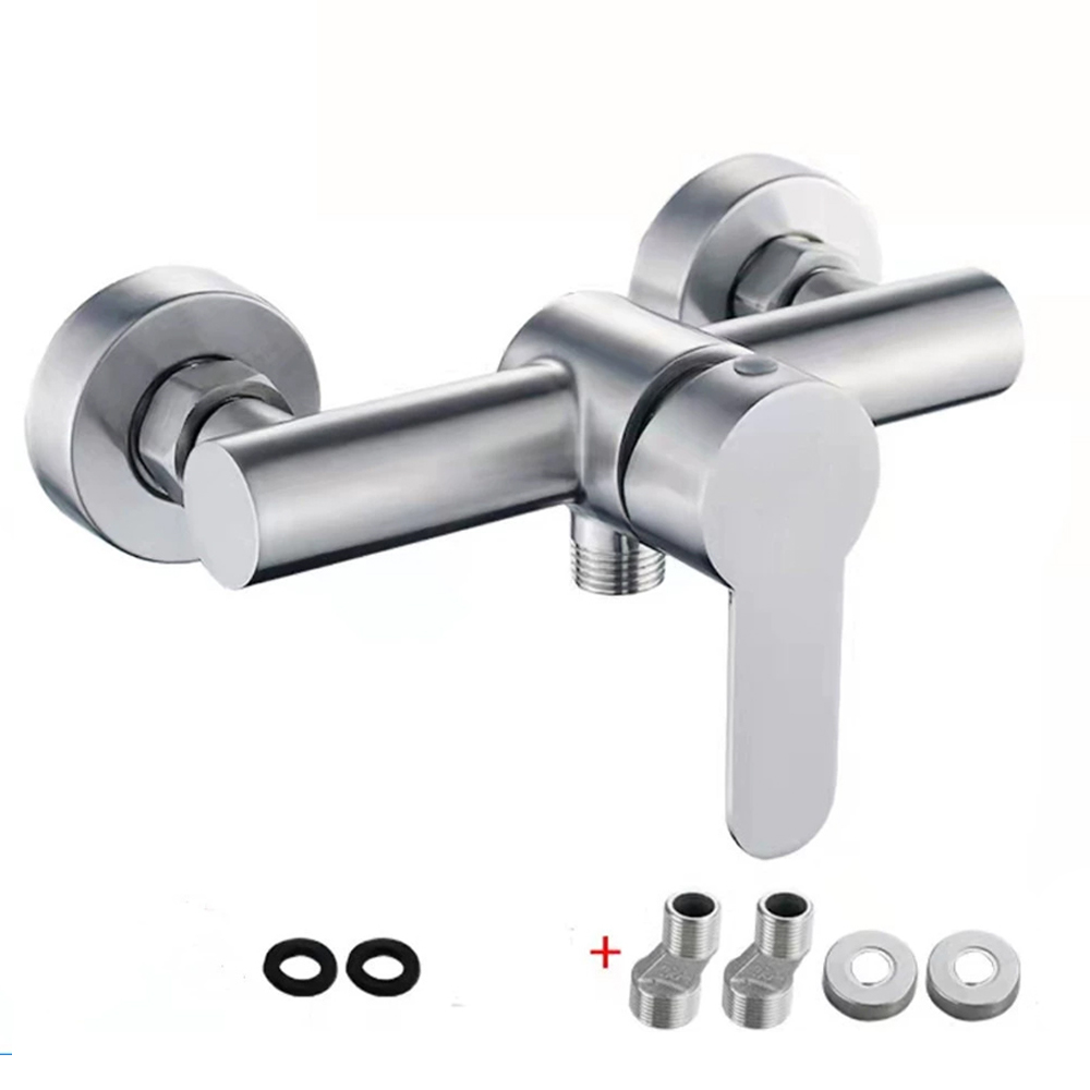 Stalowa bateria ścienna prysznicowa z ręczną regulacją do ciepłej i zimnej wody.