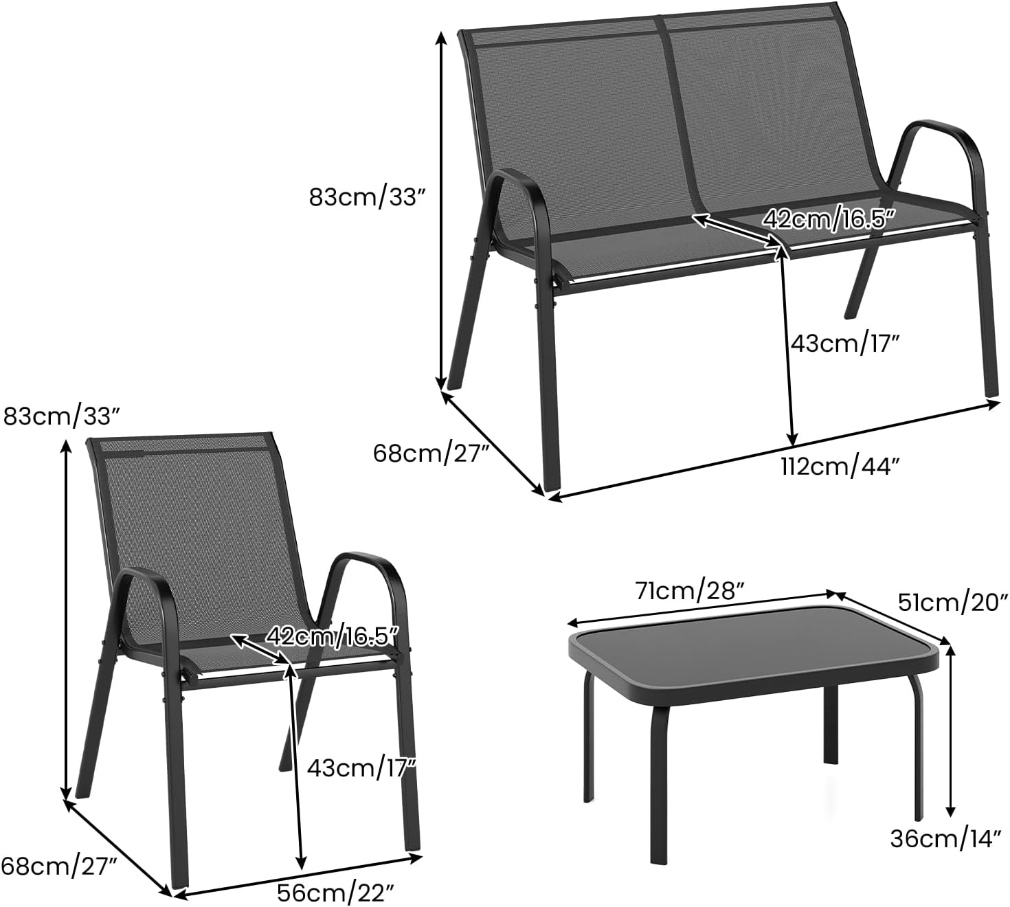 Salon de Jardin 4 Personnes Exterieur, 4 Pcs Canapé Exterieur avec Table Basse en Verre Trempée, 2 Fauteuils,pour Terrasse,Balcon (Gris) - 2