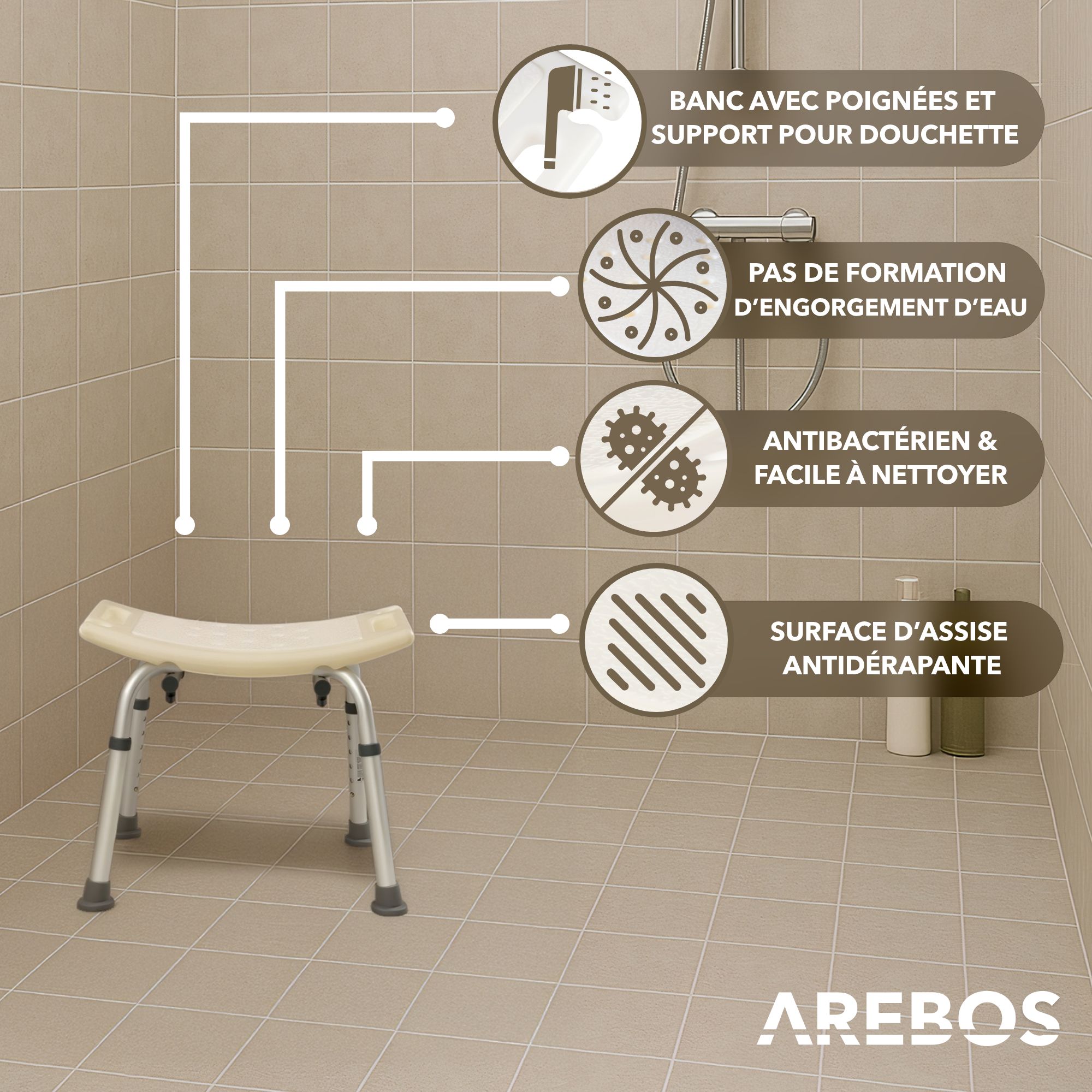 AREBOS Siège de Douche Tabouret de Douche | à Hauteur Réglable | Chaise de Douche | Aluminium | en Plastique HDPE | Rectangulaire | Montage Facile - 7