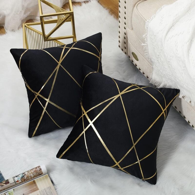 Lot de 2 housses de coussin 45 x 45 cm Coussins décoratifs en velours noir avec coussins géométriques en fil doré - 4