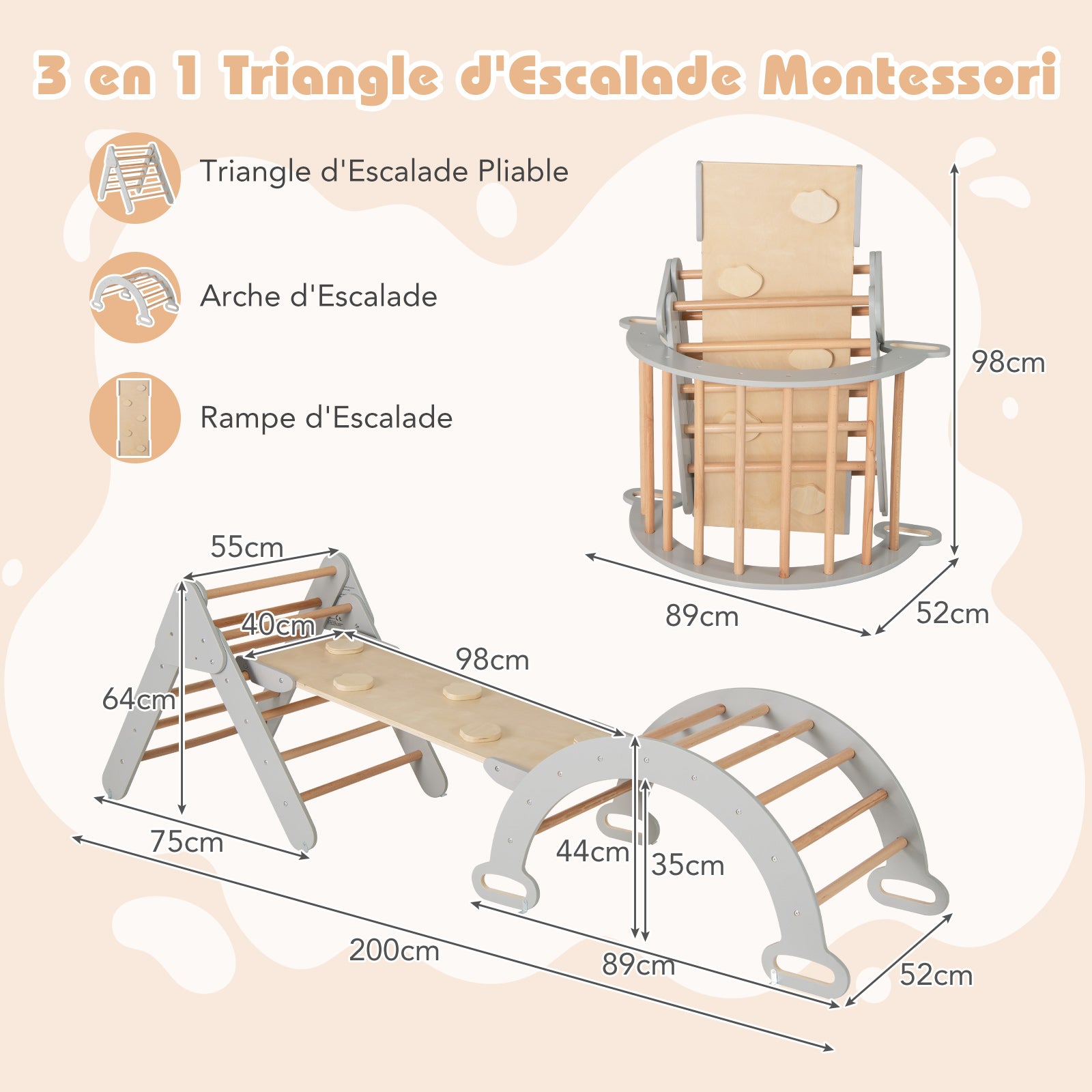 7 en 1 Triangle Arche Montessori, Arche d'escalade Enfants avec Toboggan Bois,Rampe, Échelle Réglable, pour Tout-Petits Bébé 1 Ans+(Gris Naturel) - 10