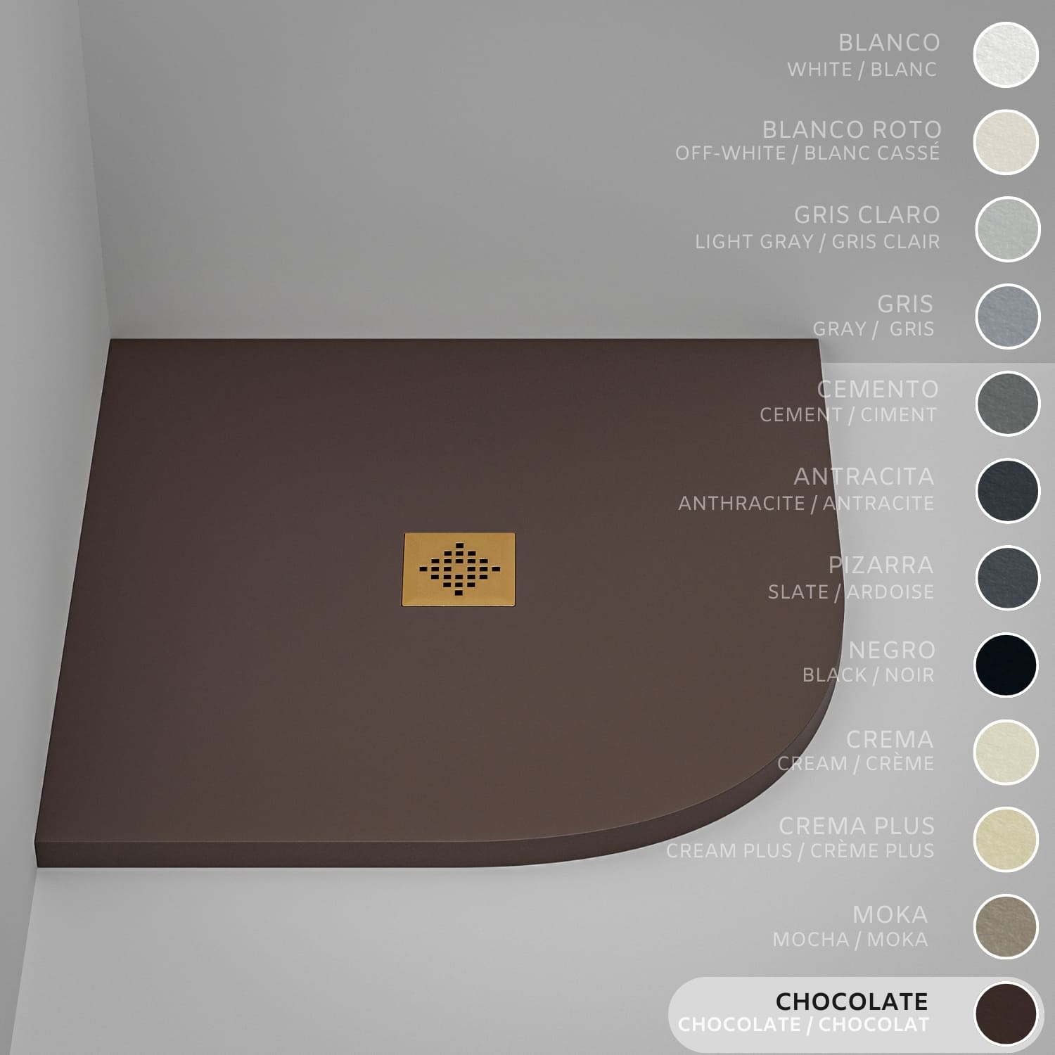 Brodzik półokrągły SOULHOME Żywica i Konglomerat Mineralny Antypoślizgowy 70x70 cm Czekoladowy - Kratka Gold