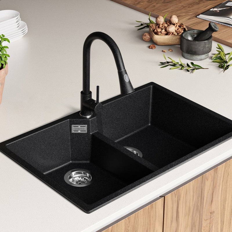 Zlewozmywak Grafitowy 78x50cm, Zlew Kuchenny 2 Komorowy + Syfon, Nablatowy do szafki od 80cm - Madryt Twin PRIMAGRAN