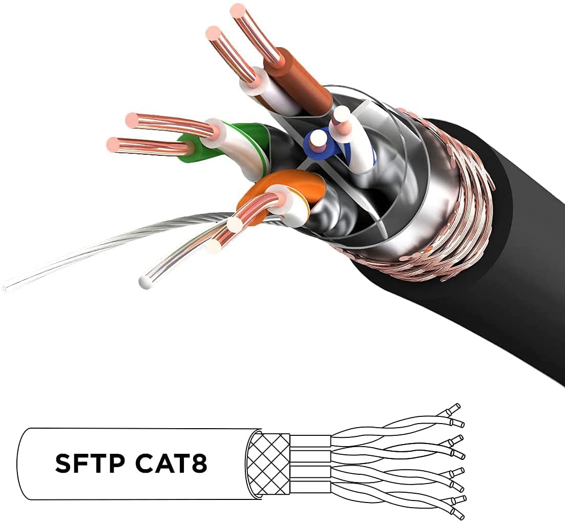 Câble Ethernet CAT8 BK Noir 1 m - S/FTP paire torsadée - Bande passante 2Ghz / 2000MHz - Transmission de données 40 Gigabits - Connecteurs RJ45 - 2