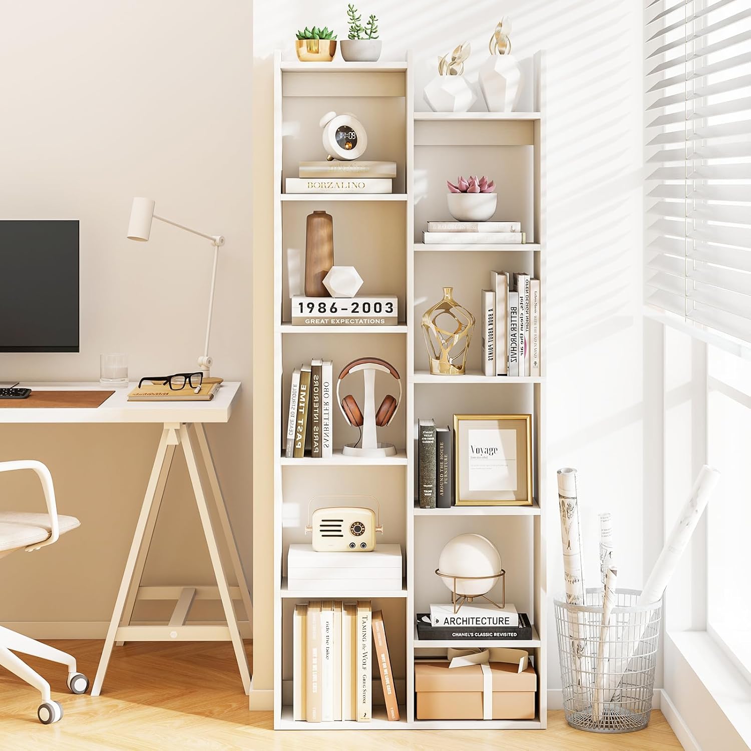 Librerías 160 cm con 12 Cubos, Estanteria Blanca Gran Capacidad con Kit Antivuelco, Estantería de Exhibición de Madera, Mueble Organizador, pa - 2