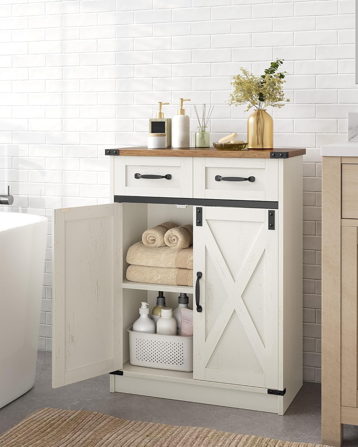 Meuble de Salle Bain, Meuble de Rangement avec 2 Tiroirs, Armoire de Salle Bain avec 2 Portes, Étagère Réglable,Blanc Rustique et Marron Miel - 2