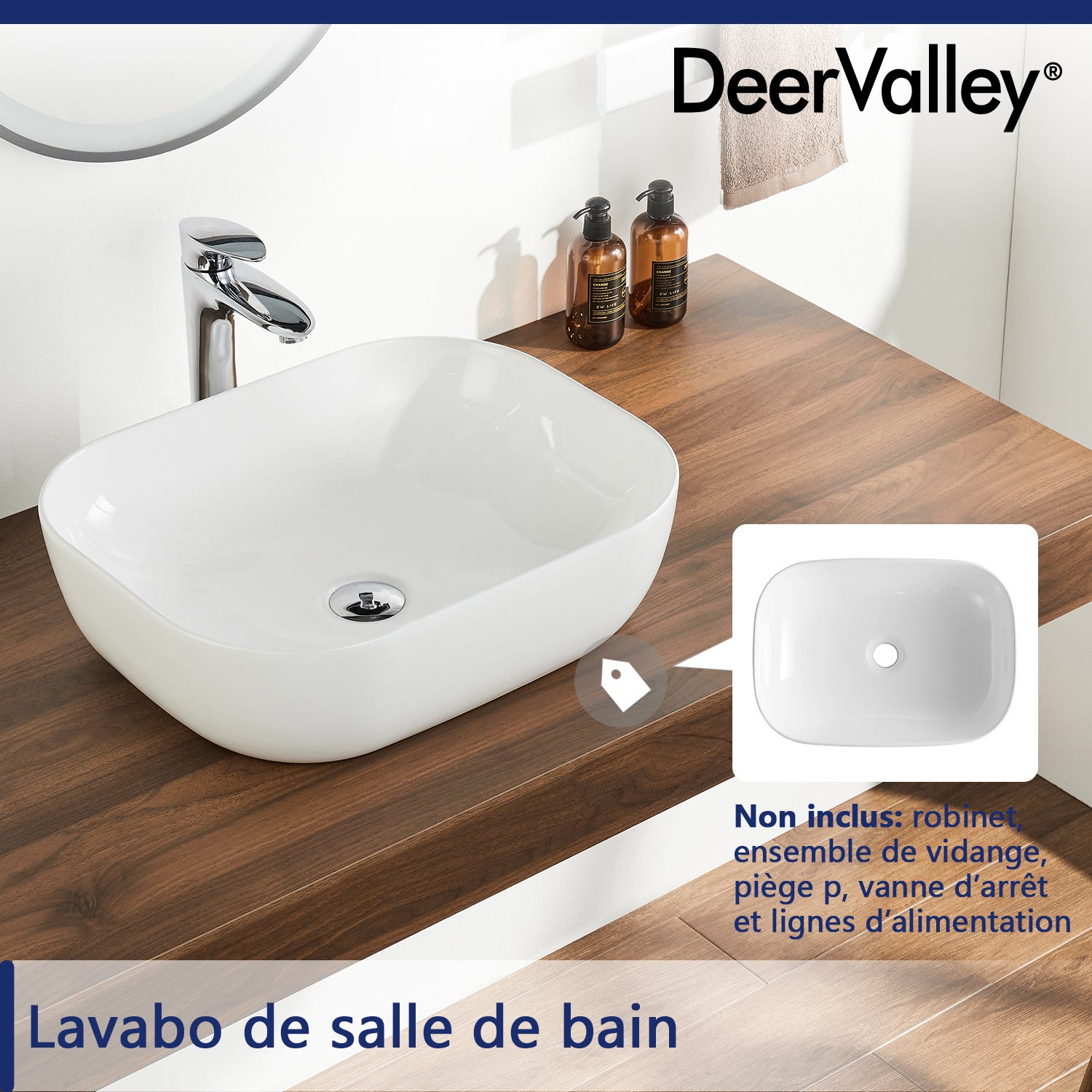 Vasque à Poser Salle de Bain DeerValley – Vasque à Poser Rectangulaire Blanc en Céramique, 50 x 40 x 14,5 cm - 5