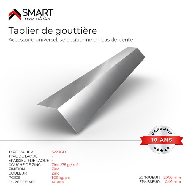 Tablier de gouttière - bac acier - tôle de couverture - Toiture - H12 Galvanisé L=2m