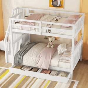 Lit Superposé Enfant 90x200 Avec Escalier Et Tiroirs - Pin Et MDF, Blanc - Hauteur 160 Cm, Charge 120 Kg