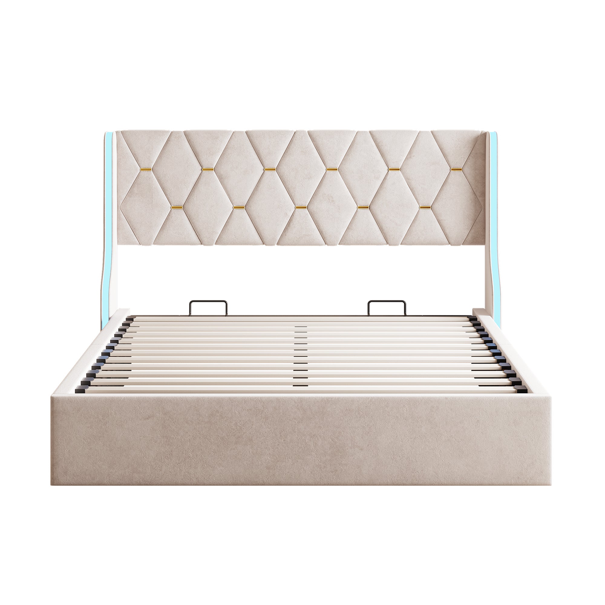 Cama Baúl 140x200 cm con Almacenamiento y LED, Cadre de Cama con Sommier de Listones, Tela de Velours - Color Beige - 9