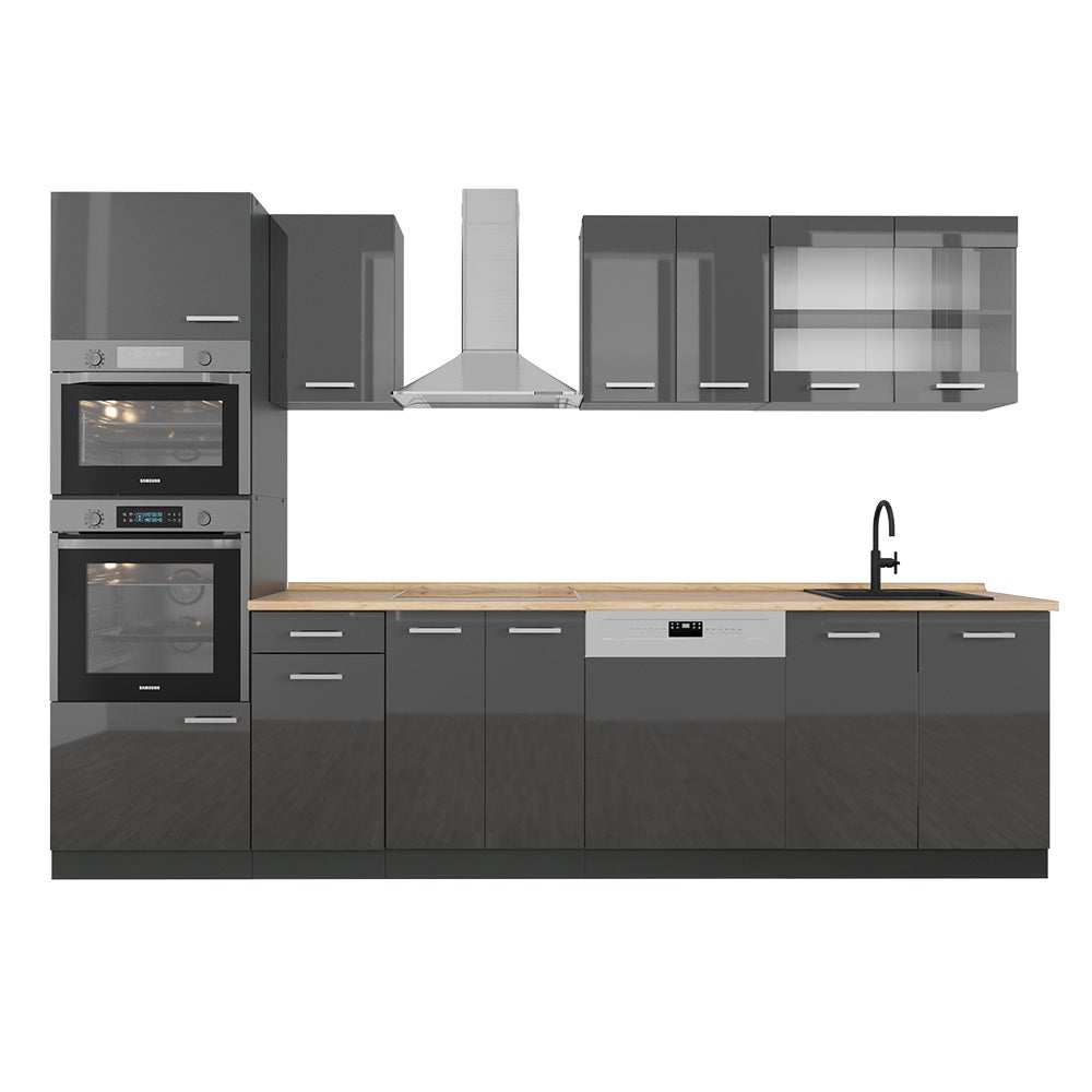 Vicco Aneks kuchenny R-Line, Antracyt wysoki połysk/antracyt, 300 cm z wysoką szafką, BP Dąb