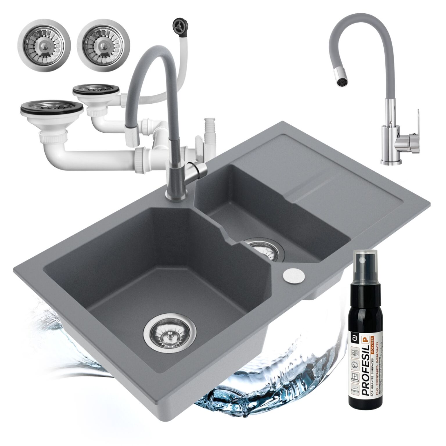 Zlewozmywak półtorakomorowy z ociekaczem Kenzo szary w zestawie z syfonem przyściennym i baterią elastyczną Ruben