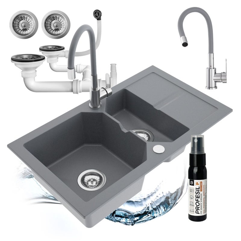 Zlewozmywak półtorakomorowy z ociekaczem Kenzo szary w zestawie z syfonem przyściennym i baterią elastyczną Ruben