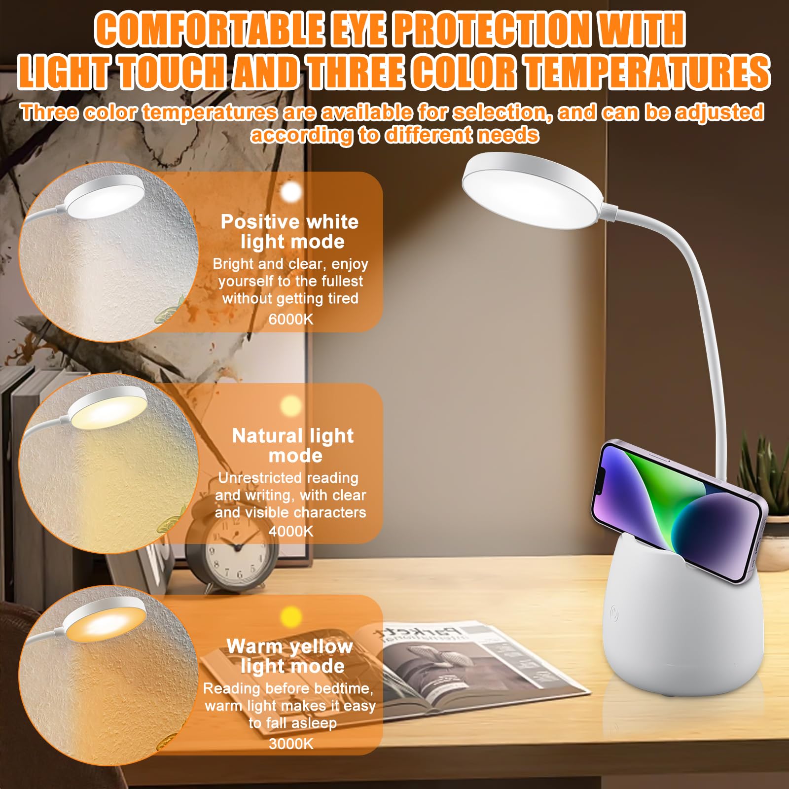 Lampe De Bureau LED LQWELL - Col De Cygne Flexible 360°, Support Téléphone, Commande Tactile, Blanc