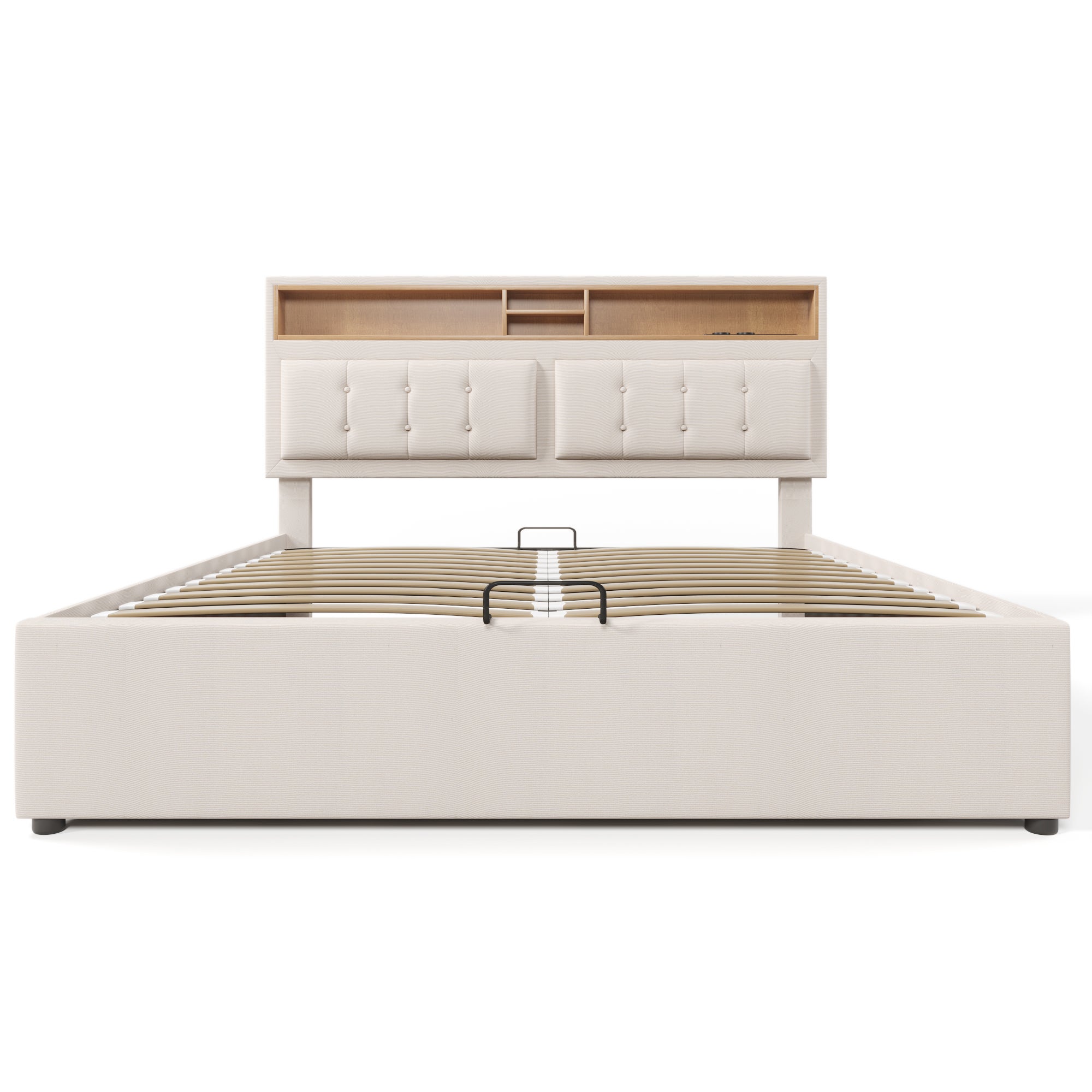 Lit coffre 160 x 200 cm avec tête de lit rangement - USB - tissu en lin - beige - 6