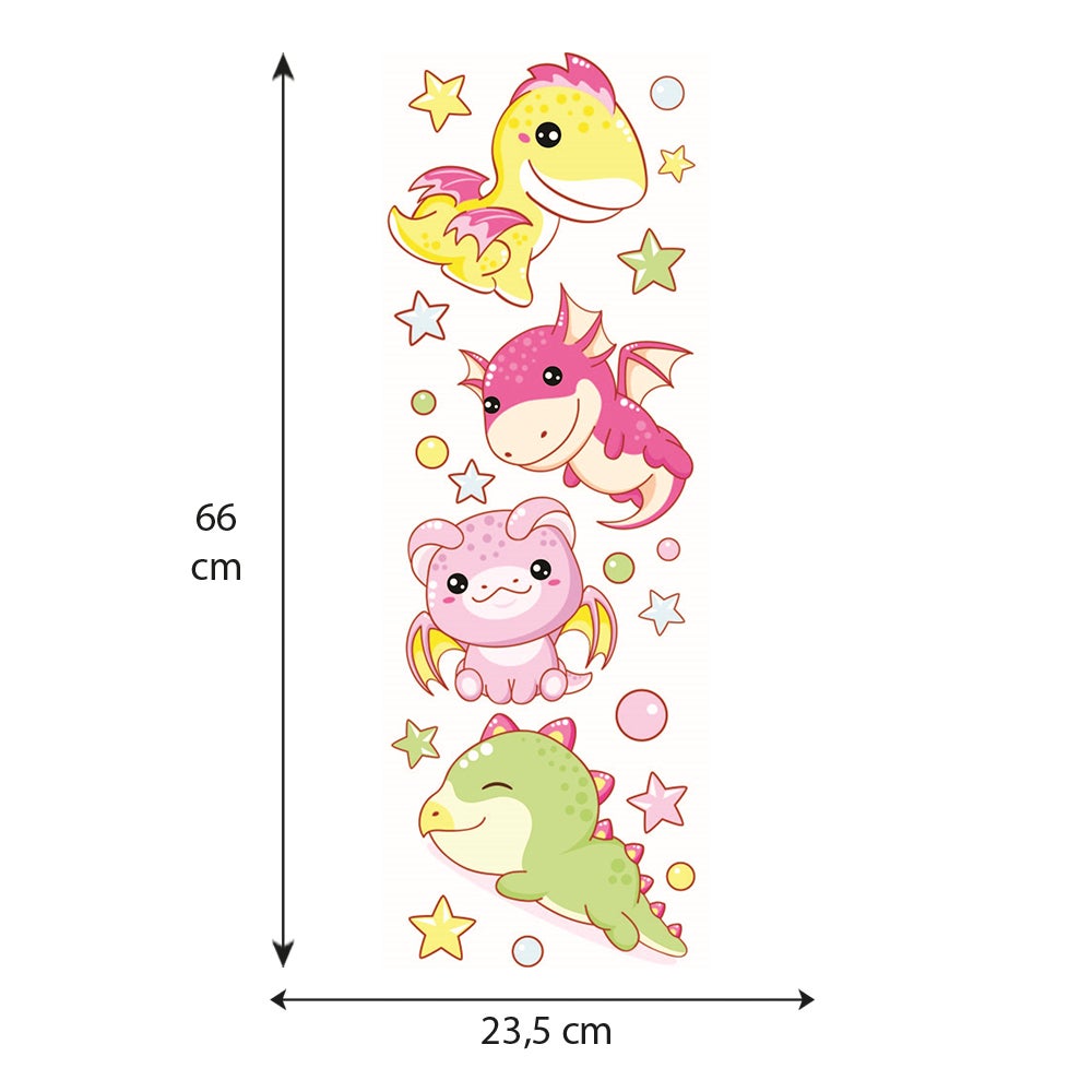 Sticker adesivi murali, Draghi per bambini e bambini multicolori a stella su uno sfondo bianco, 68 cm x 24 cm - 5