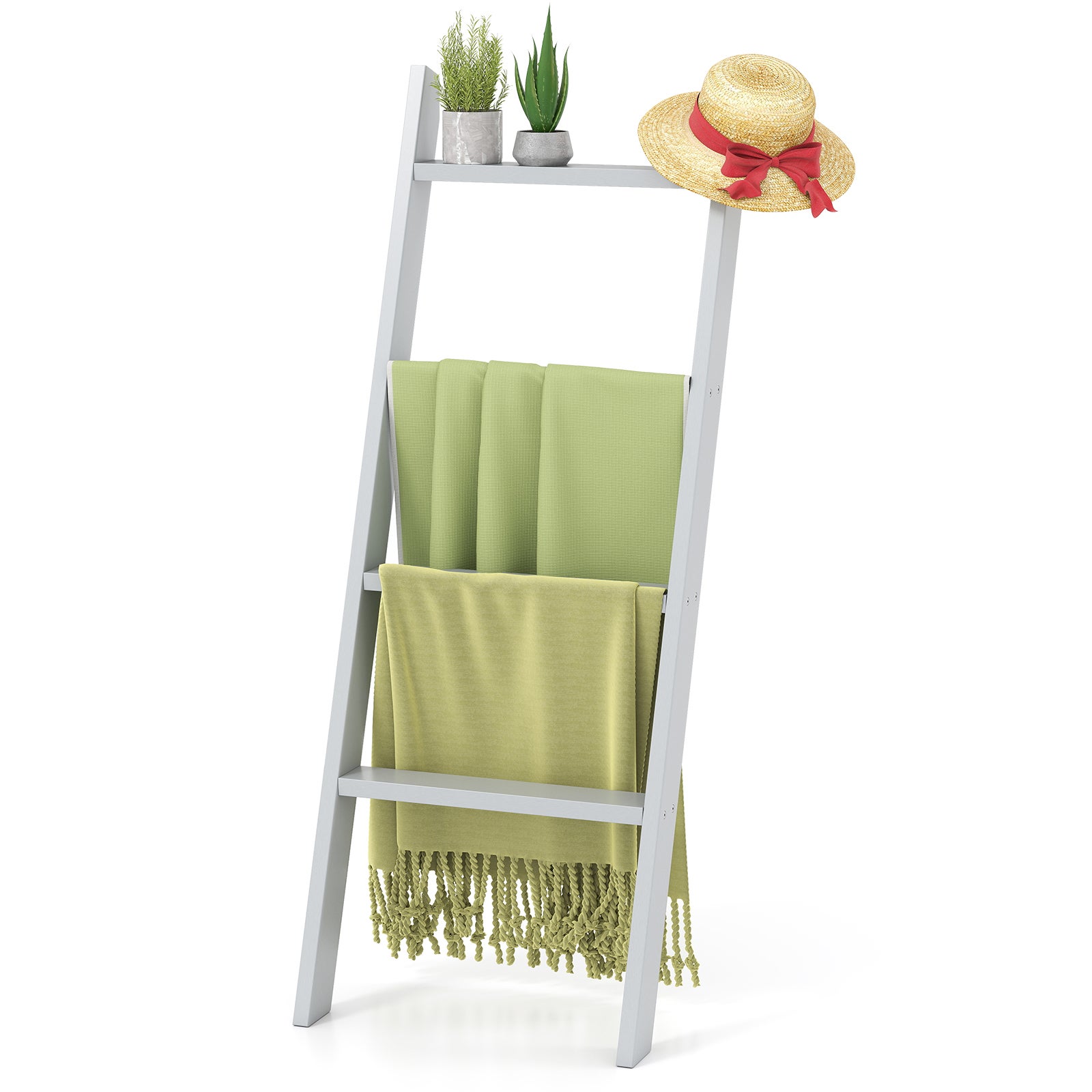 Raft înclinat pentru prosoape cu 4 niveluri, raft de baie din lemn de pin, 50 x 7,5 x 136,5 cm, gri