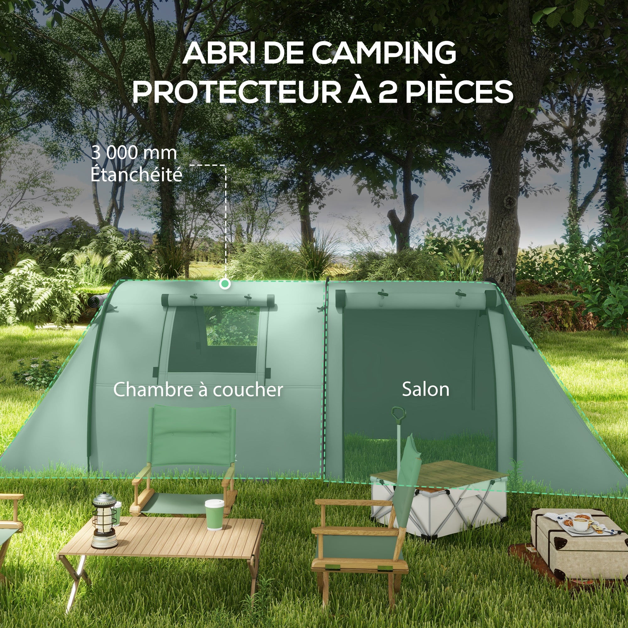 Tente de camping 3-4 pers. étanchéité 3000 mm chambre salon sac gris - 4