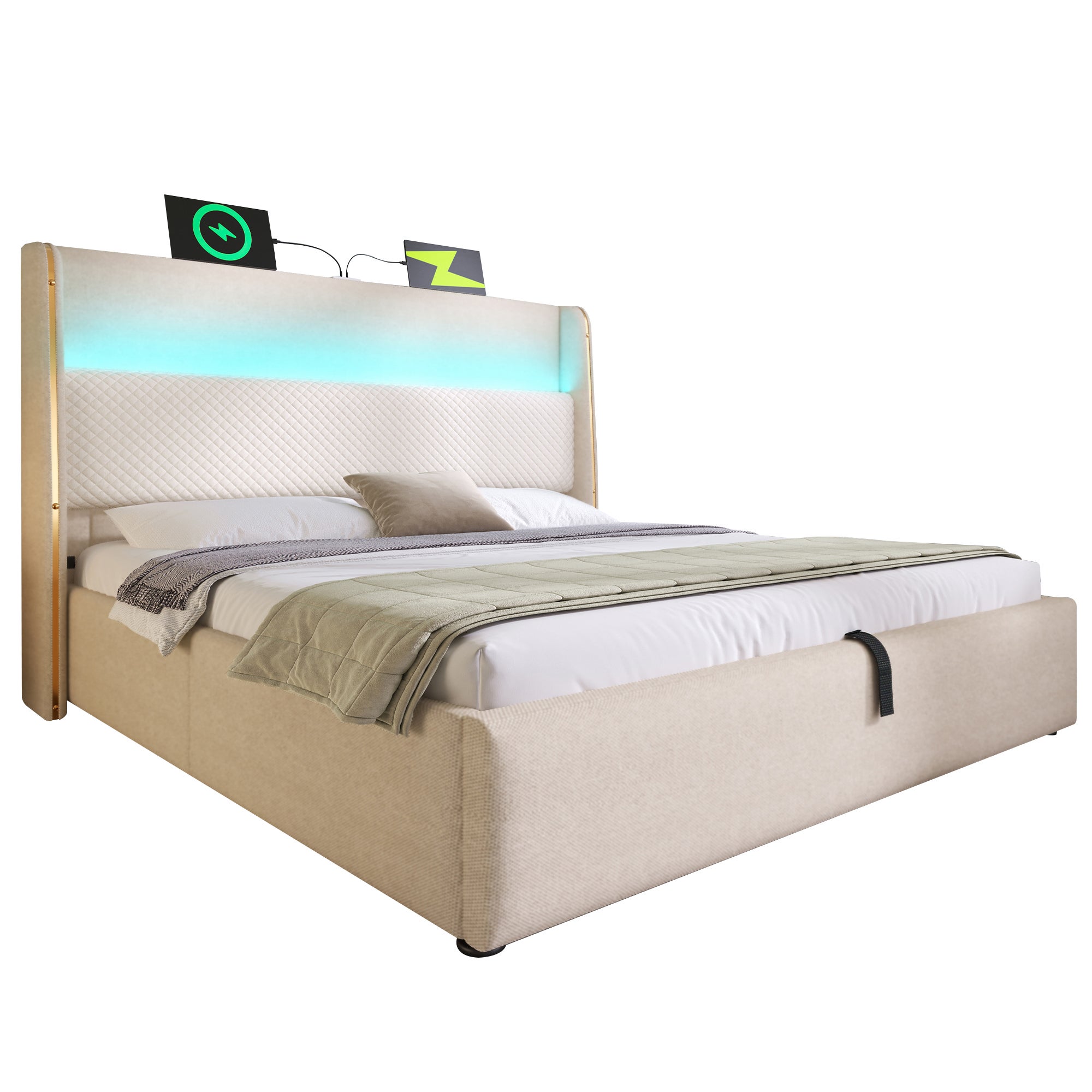 Łóżko tapicerowane 140x200cm, łóżko małżeńskie z oświetleniem LED, schowkiem i portami USB/Type-C, len, beż, bez materaca - 6