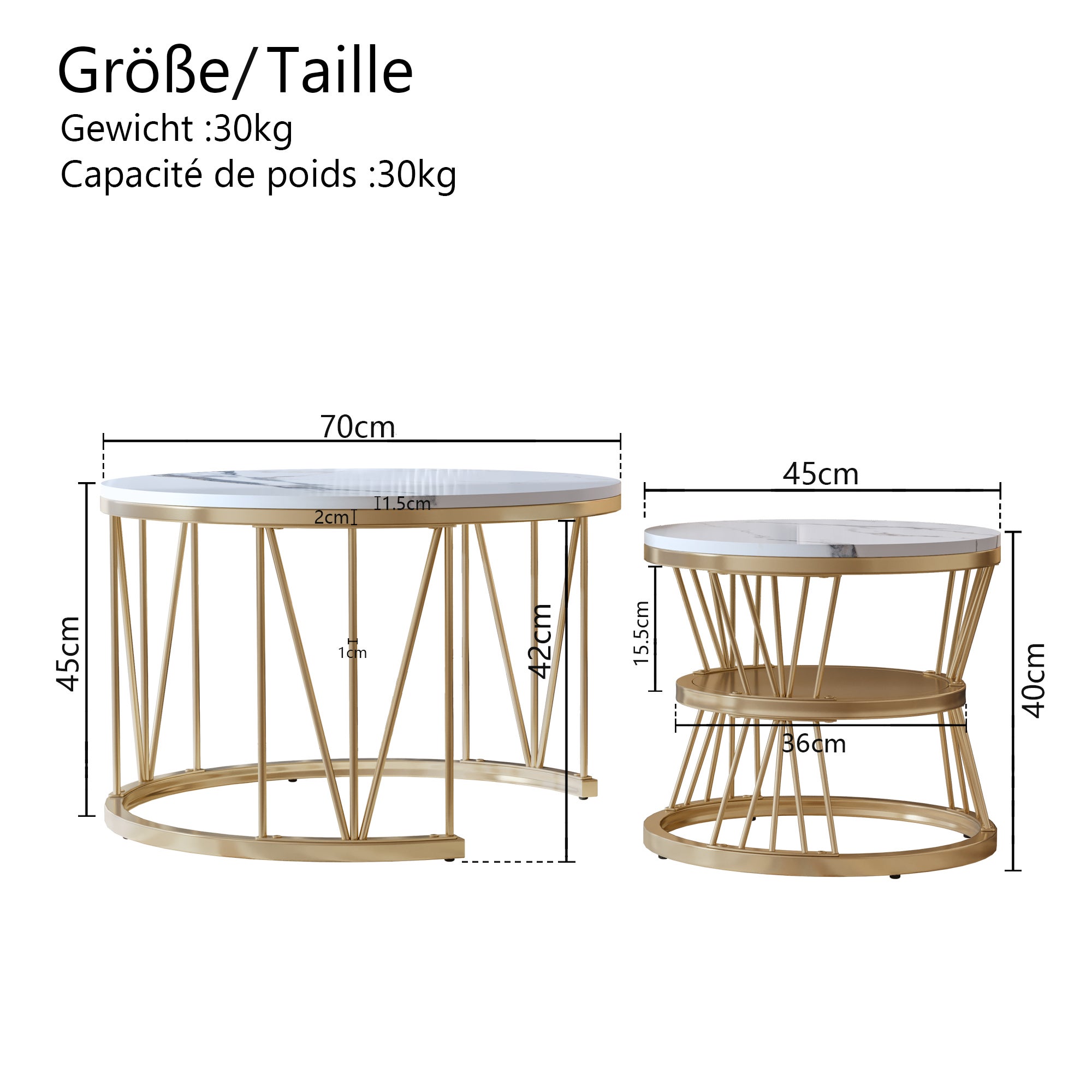 Ensemble de 2 Tables Basses Rondes, Tables Gigognes de Salon Modernes avec Pieds en Métal Doré, Blanc et Or(70 x 45cm) - 2