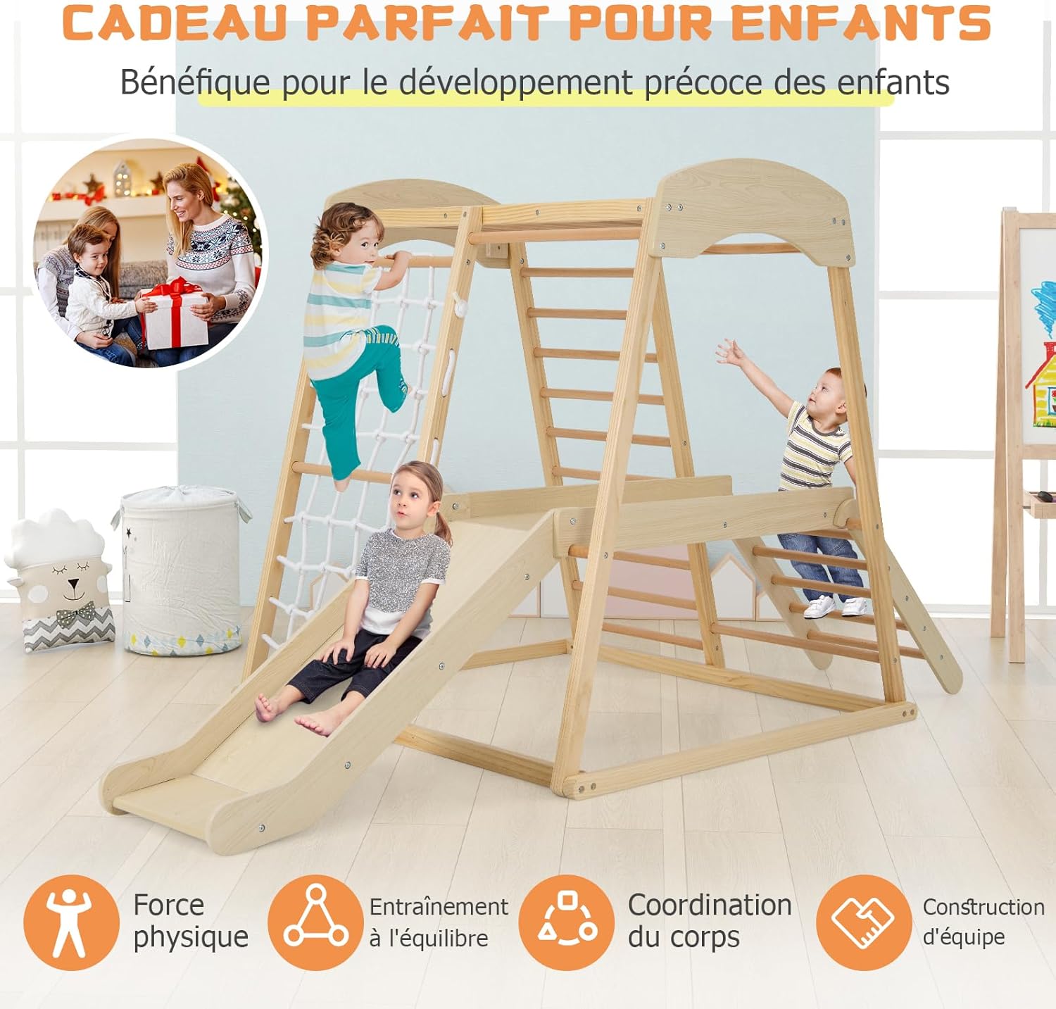 6 en 1 Jeu d'escalade Intérieur, Aire de Jeu en Bois avec Portique, Toboggan, Corde et Échelles, Jeu Montessori avec Ancrages Métalliques pour 1 an+ - 6