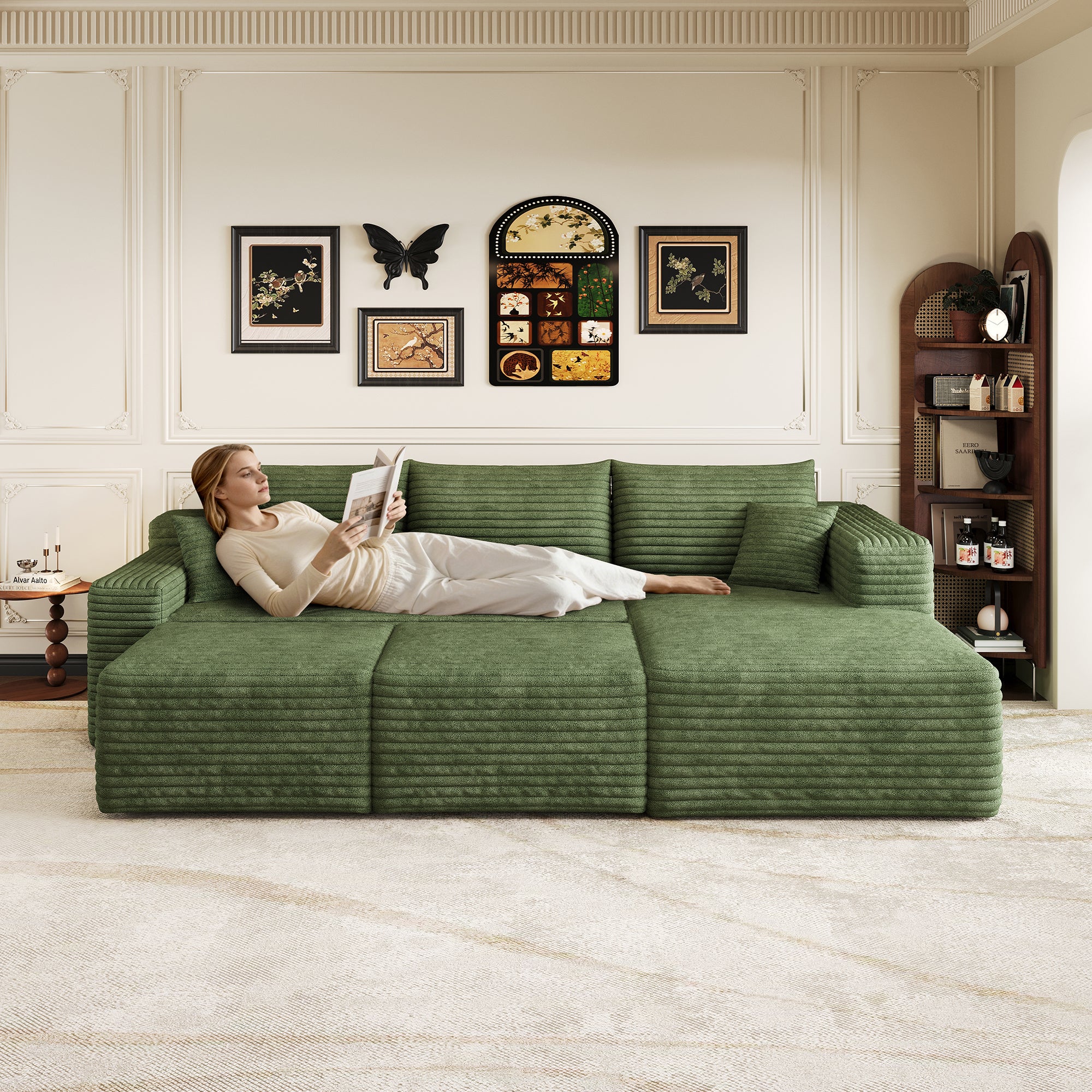 Canapé Modulaire compresse 241x151x58cm avec 2 repose-pieds et coussin, Canapé d'Angle Côté droit Velours Côtelé, Assise Profonde,Canapé 3 Places Vert - 6