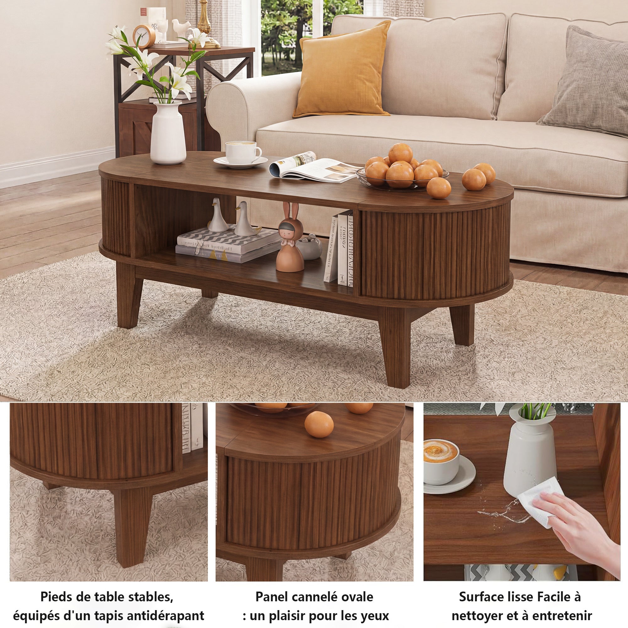 Table Basse avec Compartiments de Rangement,Table d'Appoint Massif Intemporel Style Scandinave Salon Séjour Bureau,Tables Basses en Bois,100x55x40cm - 5